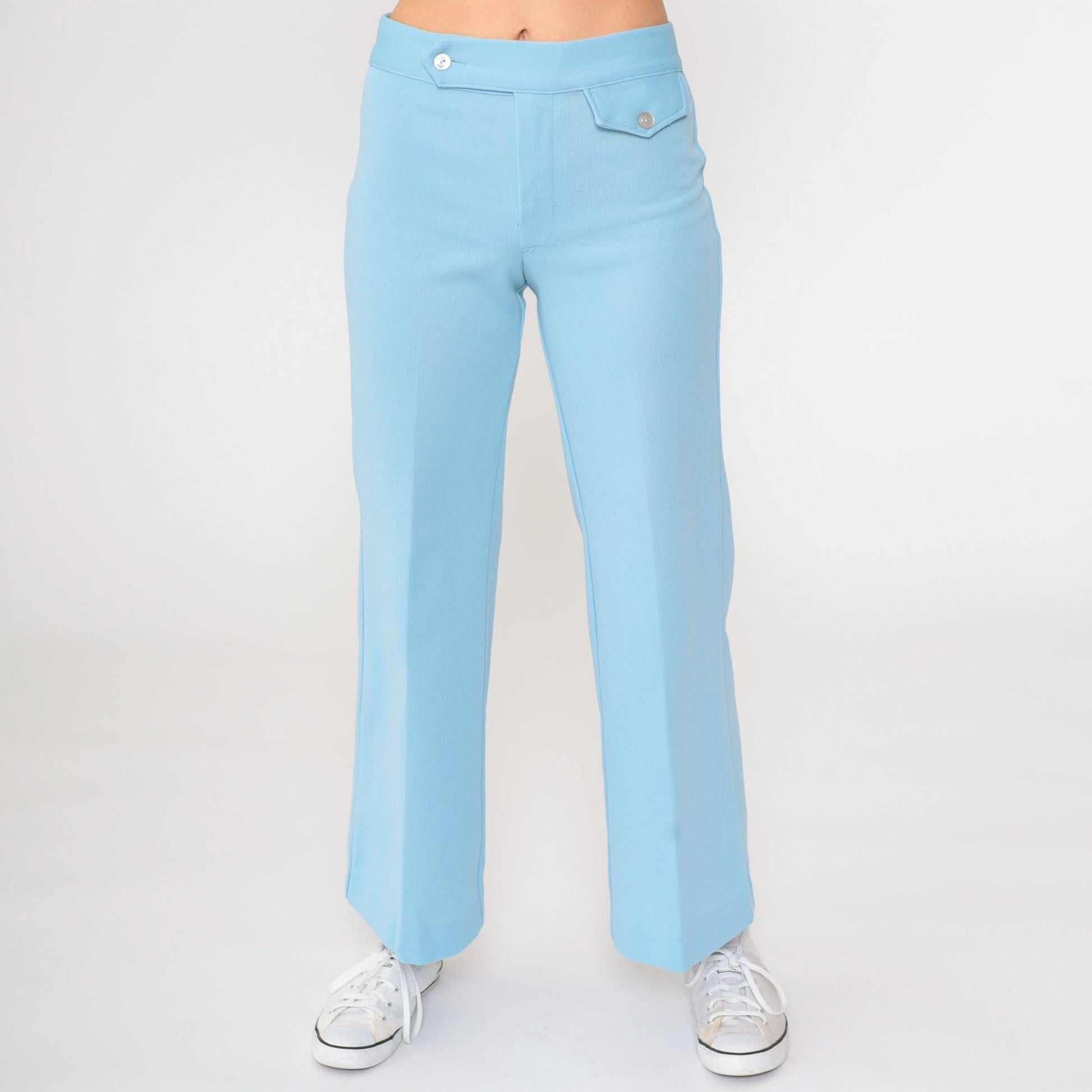 70s Baby Blue Polyester High Waist Bell Bottom Flared Trousers Small