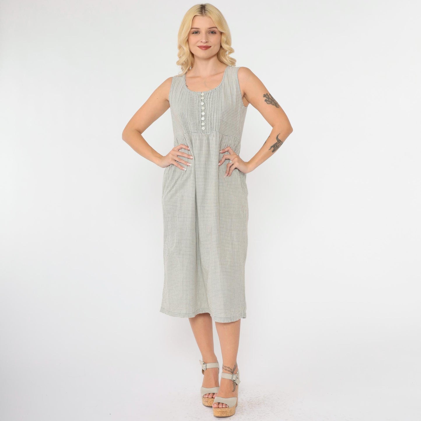 90s Taupe Gingham Jumper Dress Button Front Midi Sleeveless Small Petite