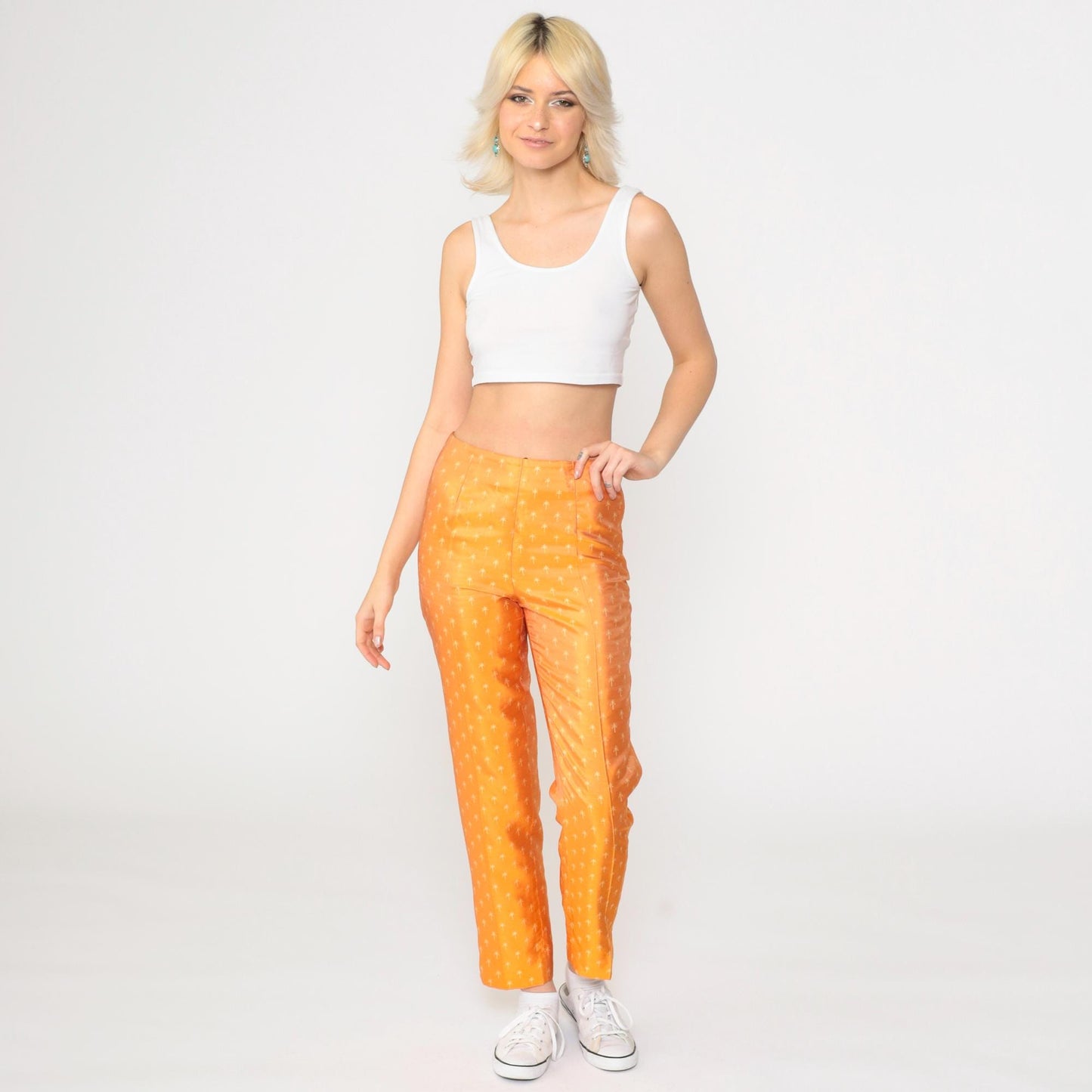 Biella Collezioni Silk Pants Orange Palm Tree Print High Waist Italy Extra Small XS