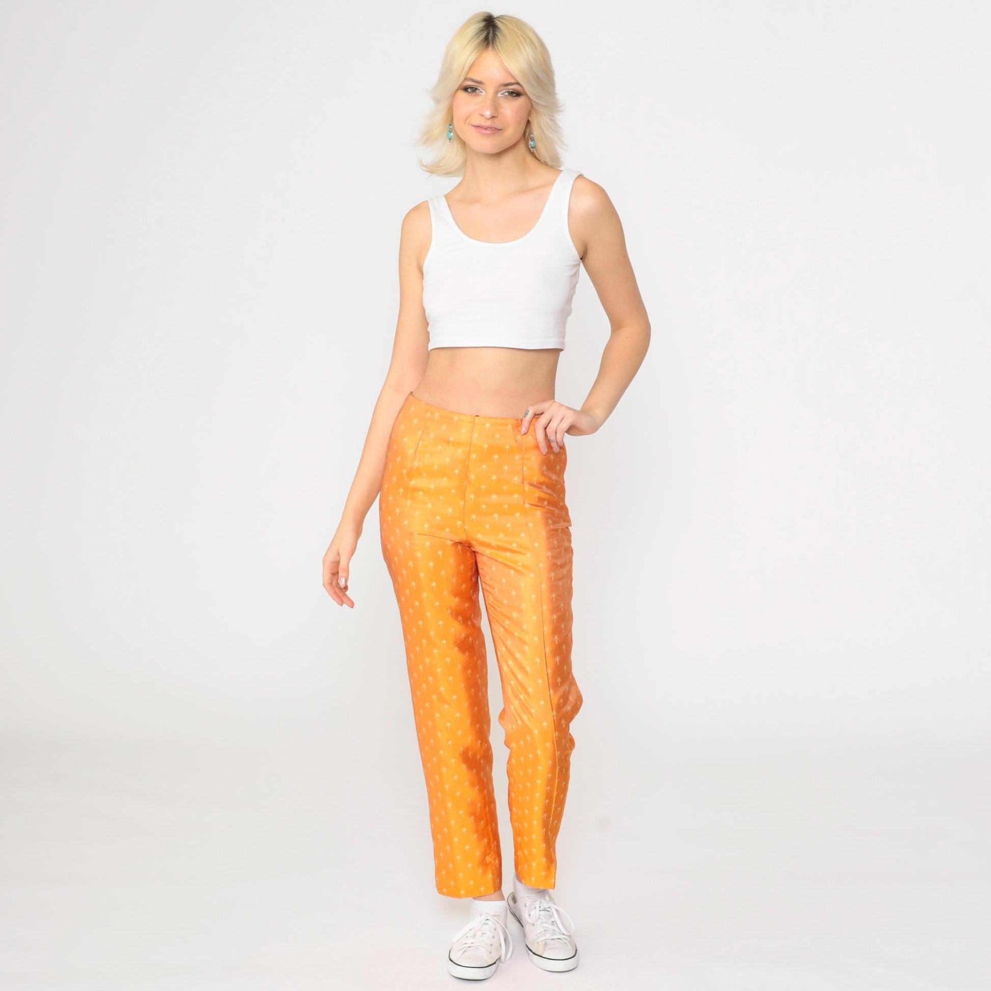 Biella Collezioni Silk Pants Orange Palm Tree Print High Waist Italy Extra Small XS