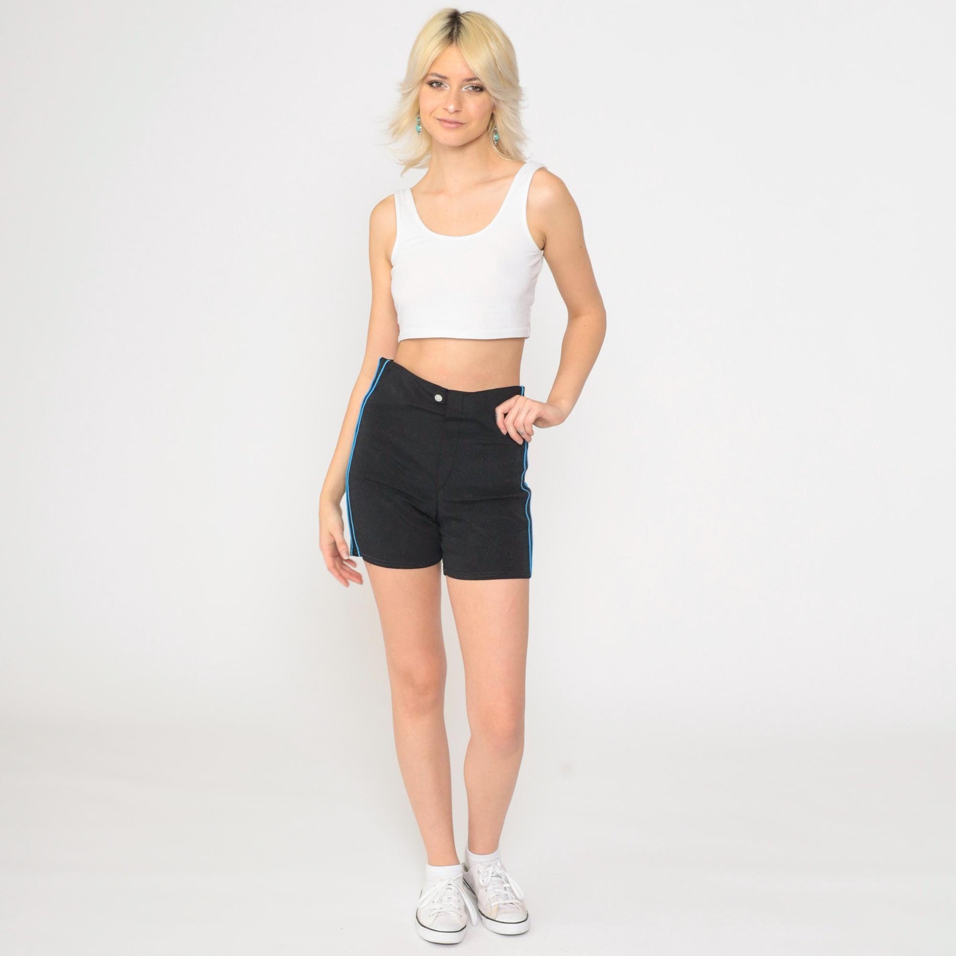 70s Black Athletic Shorts High Waist Mesh Lined Blue Stripe Small