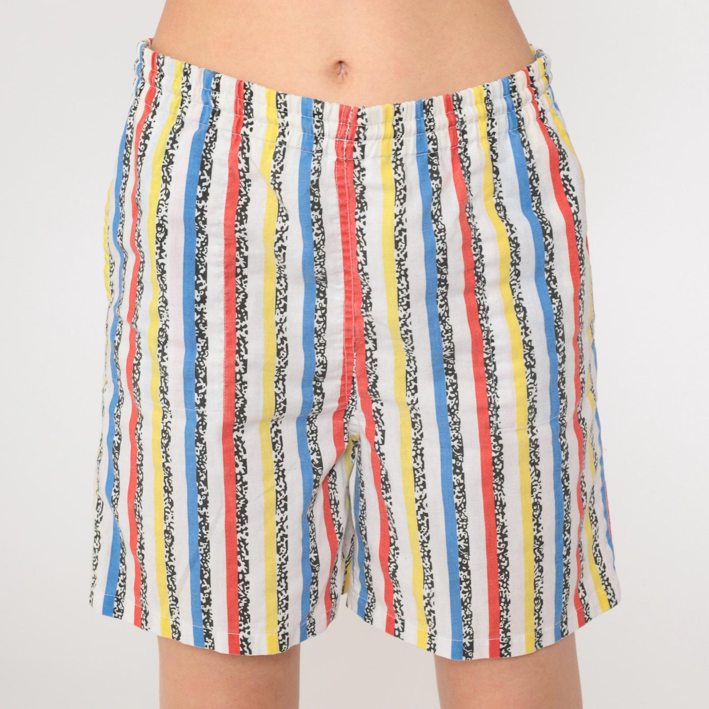 90s Striped Shorts Red Yellow White Elastic Waist Cotton Blend Small