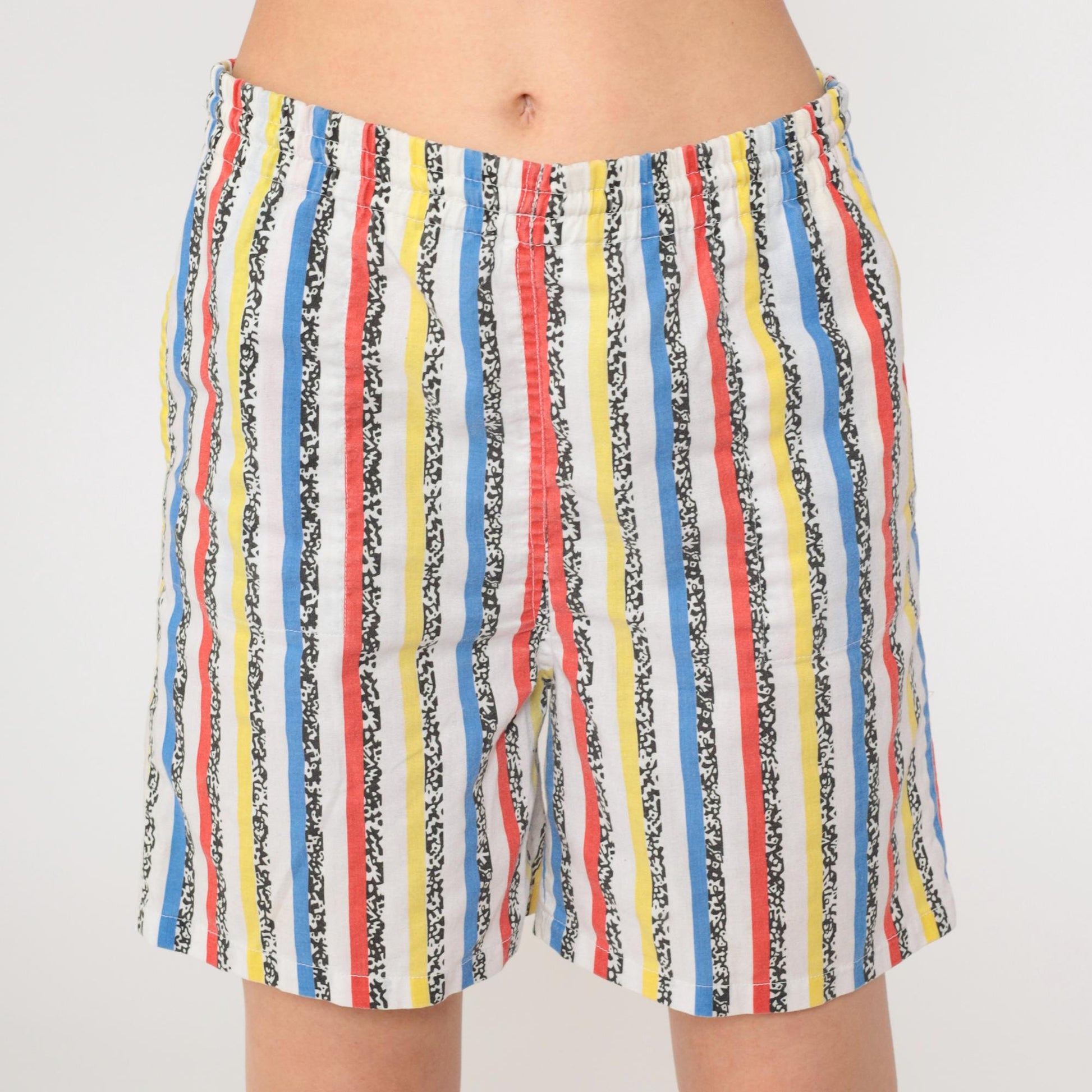 90s Striped Shorts Red Yellow White Elastic Waist Cotton Blend Small