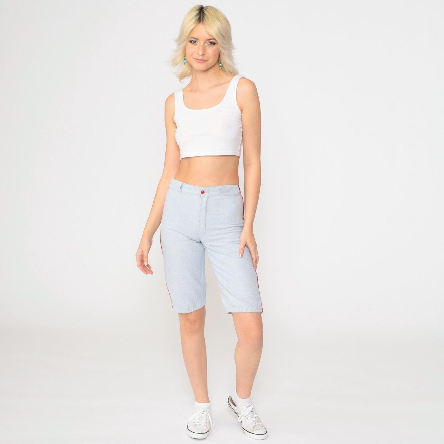 60s Athletic Shorts Grey-Blue Red Side Stripes High Waist Extra Small