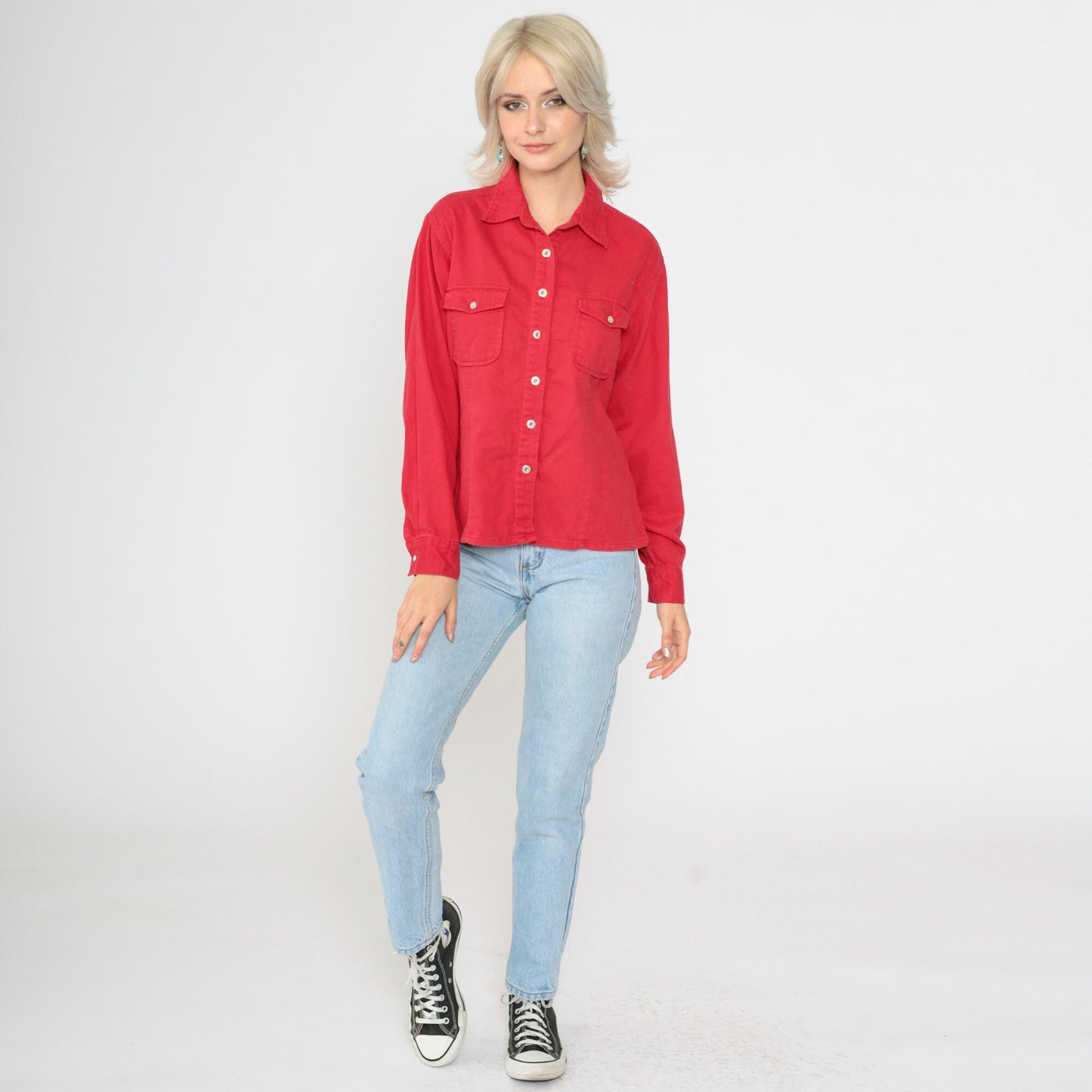 90s Faded Glory Red Button Up Shirt Long Sleeve Chest Pocket Medium