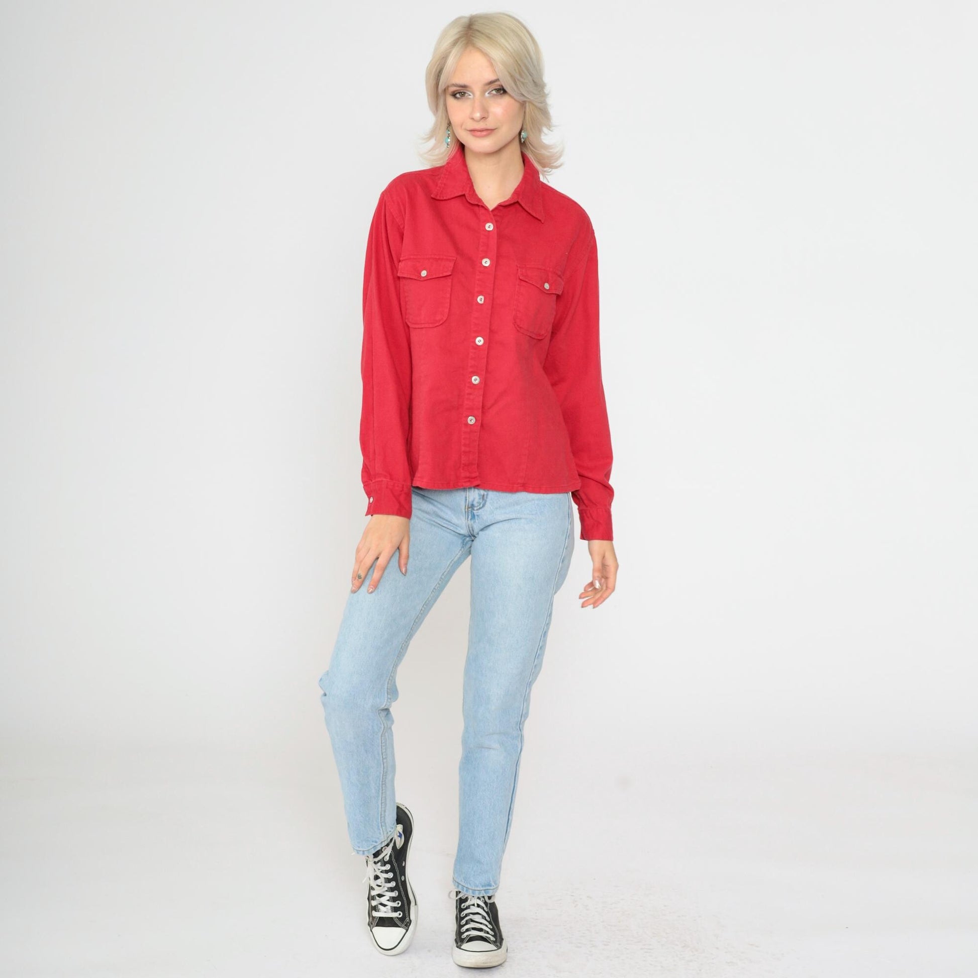 90s Faded Glory Red Button Up Shirt Long Sleeve Chest Pocket Medium