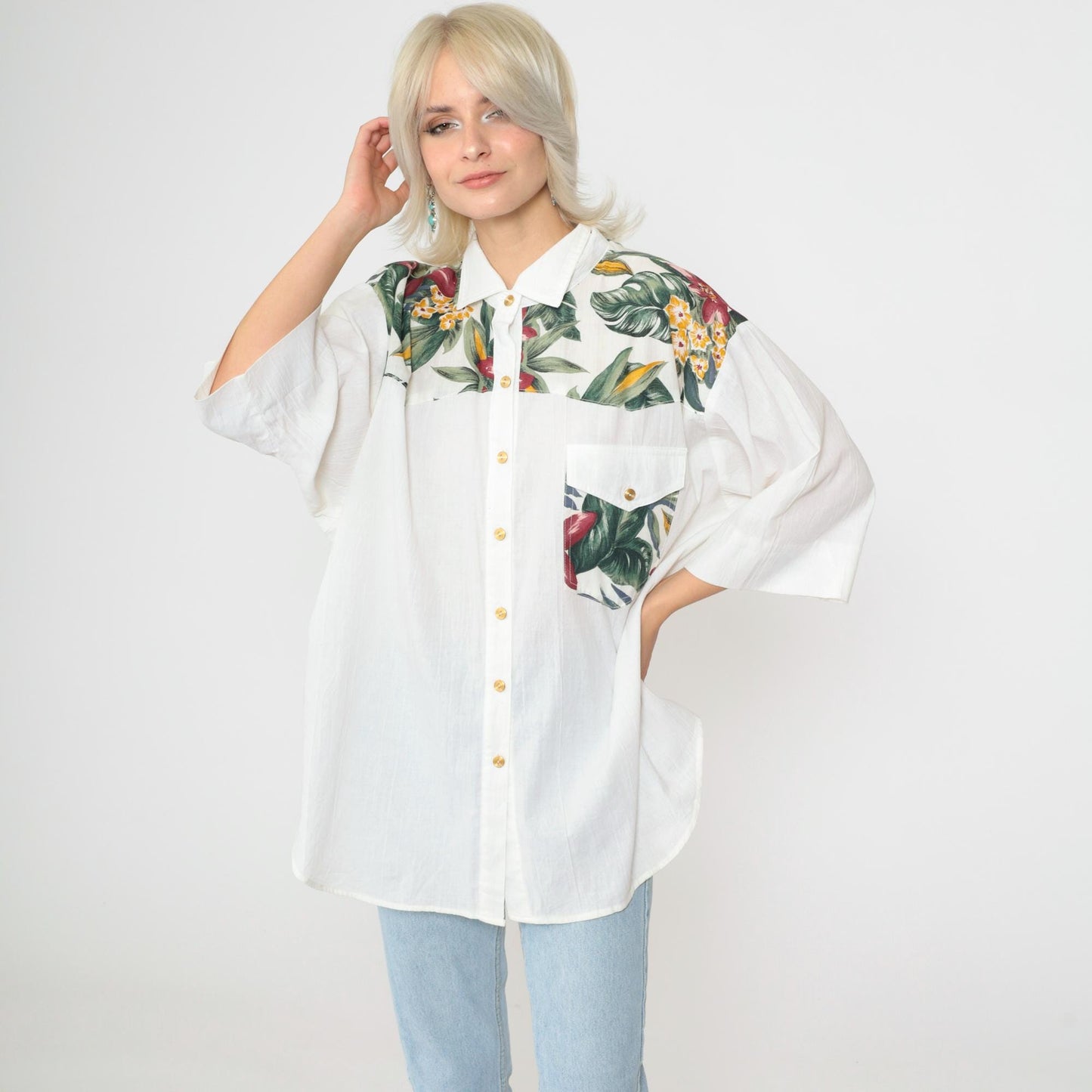 90s Tropical Floral Button Up Shirt White Yoke Pocket 3/4 Sleeve Plus Size XXL