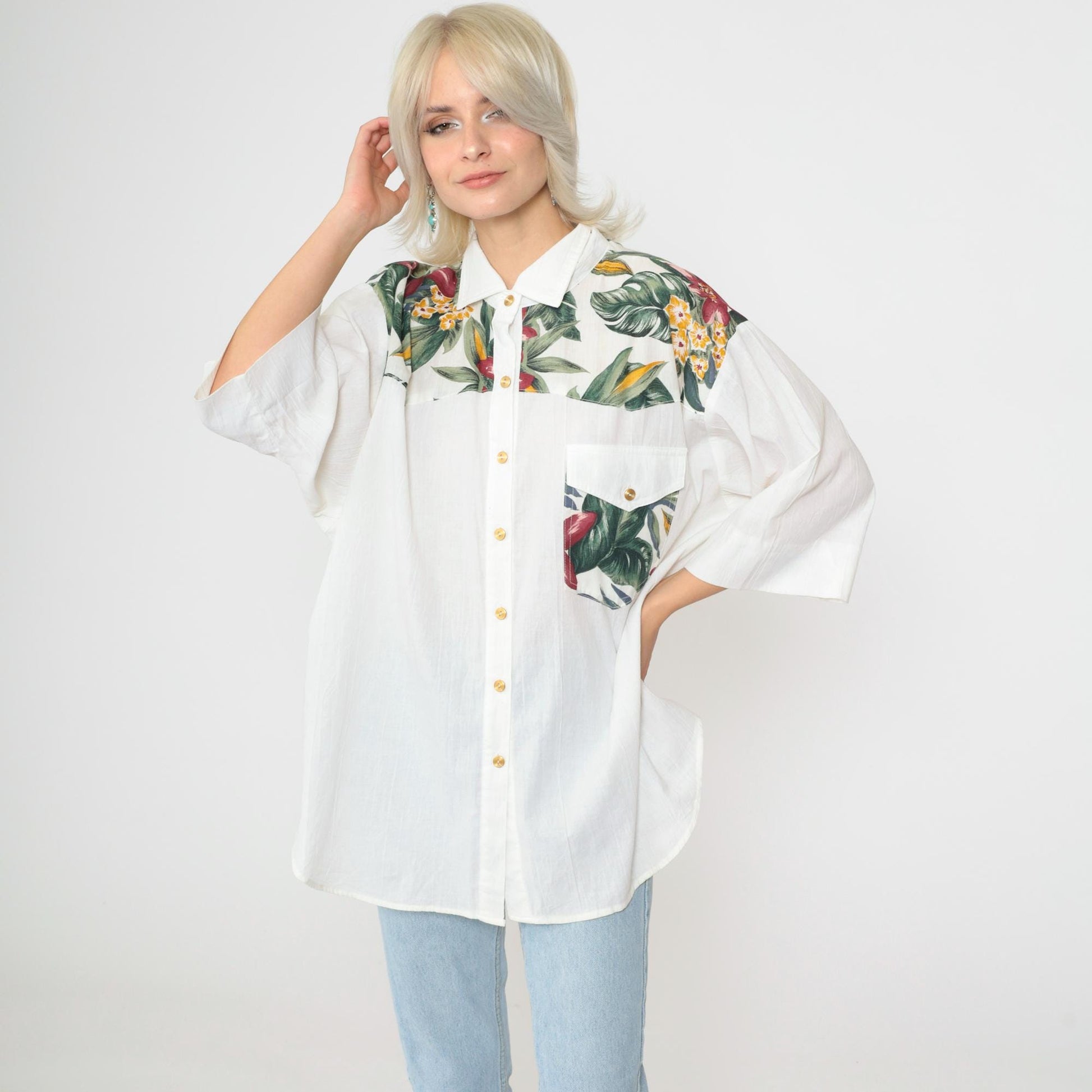 90s Tropical Floral Button Up Shirt White Yoke Pocket 3/4 Sleeve Plus Size XXL