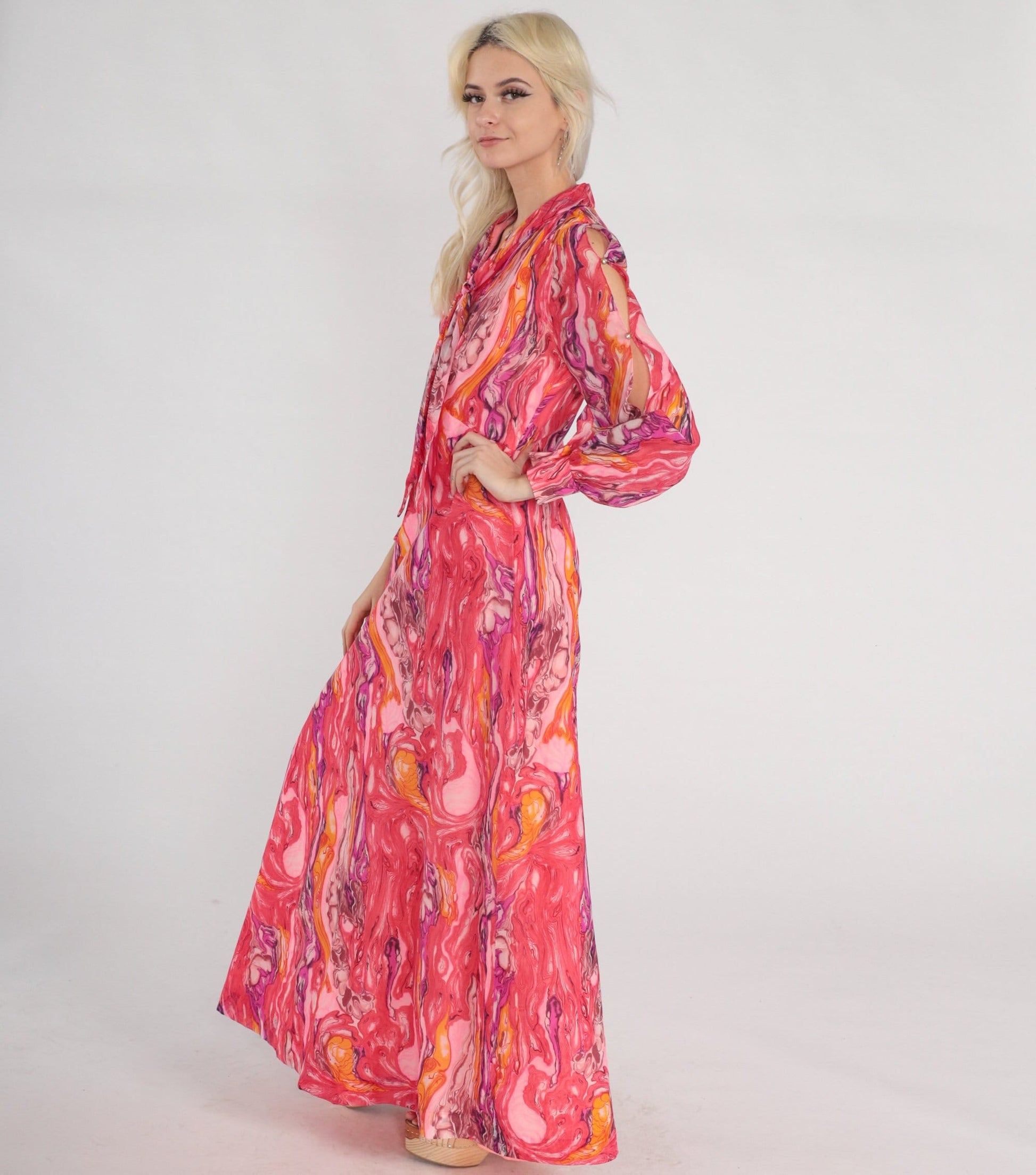 70s Psychedelic Marble Print Maxi Dress Pink Orange Purple Keyhole Tie Neck Small