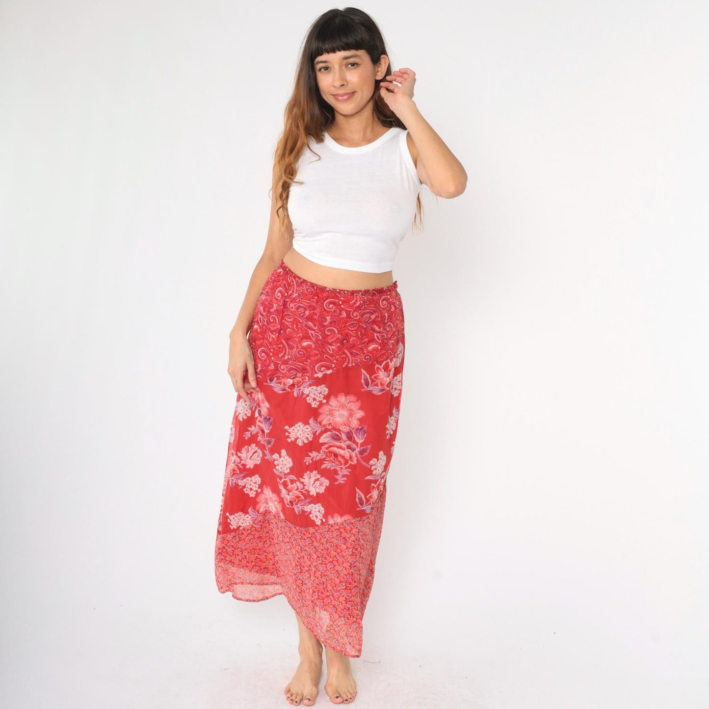 90s Red Floral Paisley Tiered Midi Skirt High Waist Side Zip Medium M