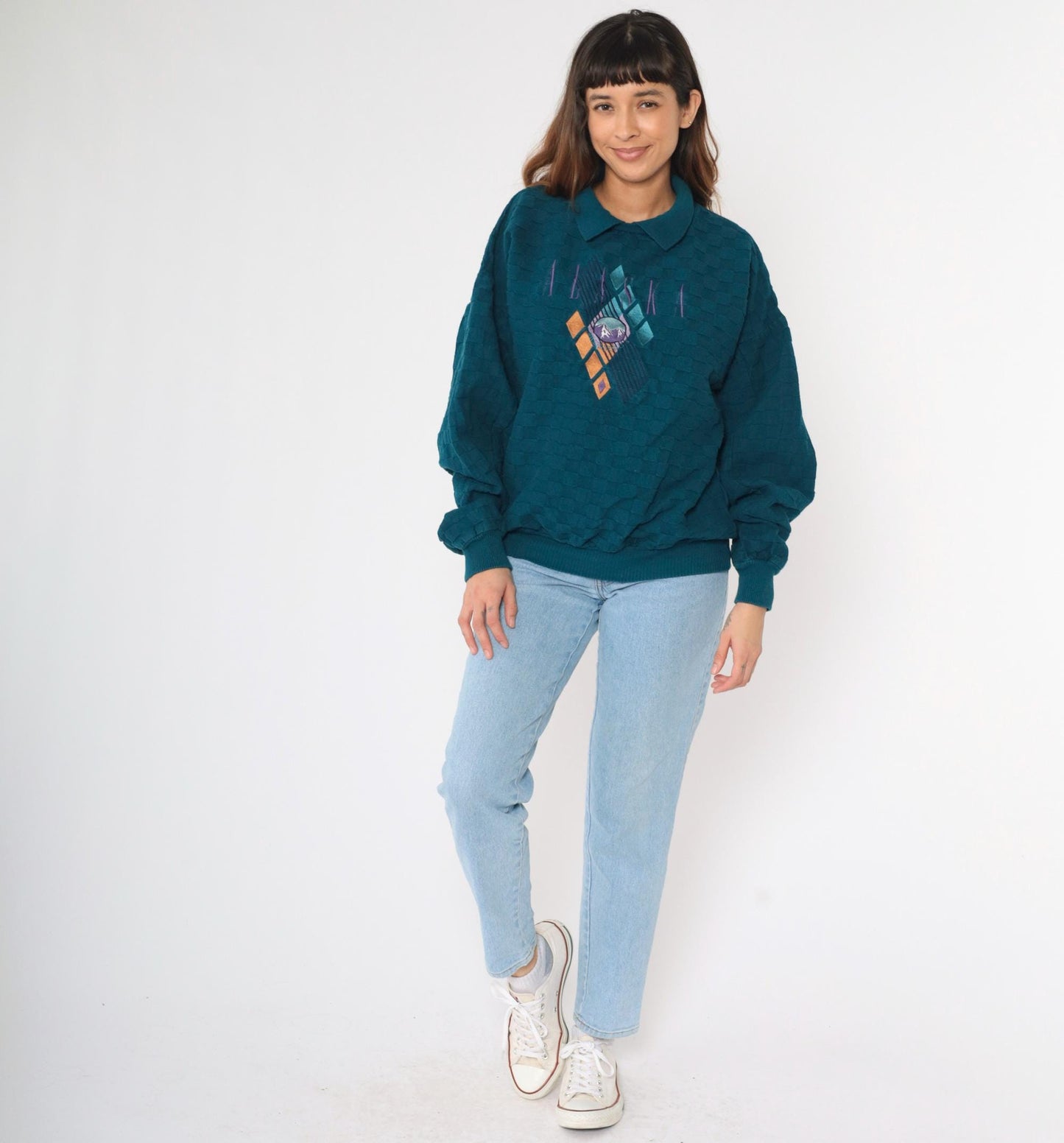 90s Alaska Wilderness Club Teal Sweatshirt Collared Cotton Large L