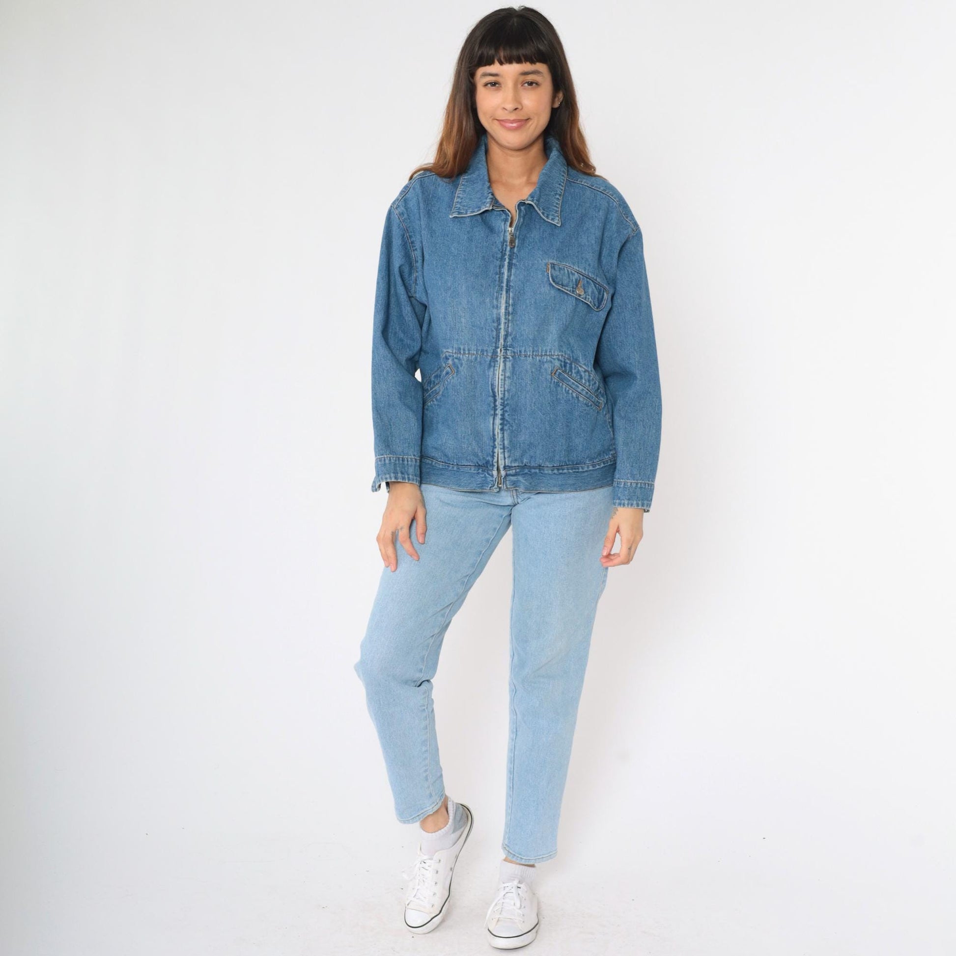 Y2K Route 66 Blue Denim Zip Jacket Collared Windbreaker Large L