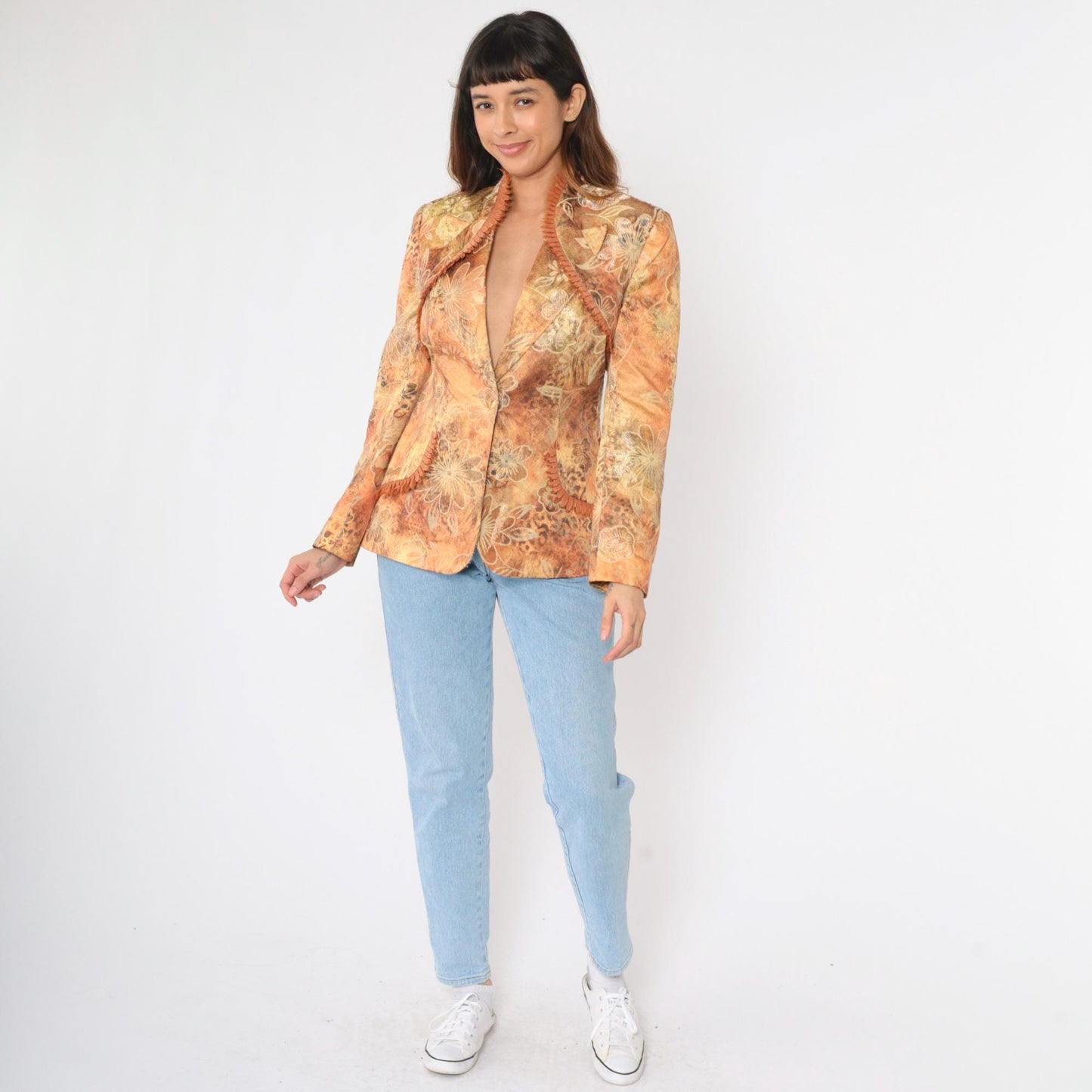 90s Floral Jacquard Blazer Leopard Print Fringe Trim Deep V Burnt Orange Small