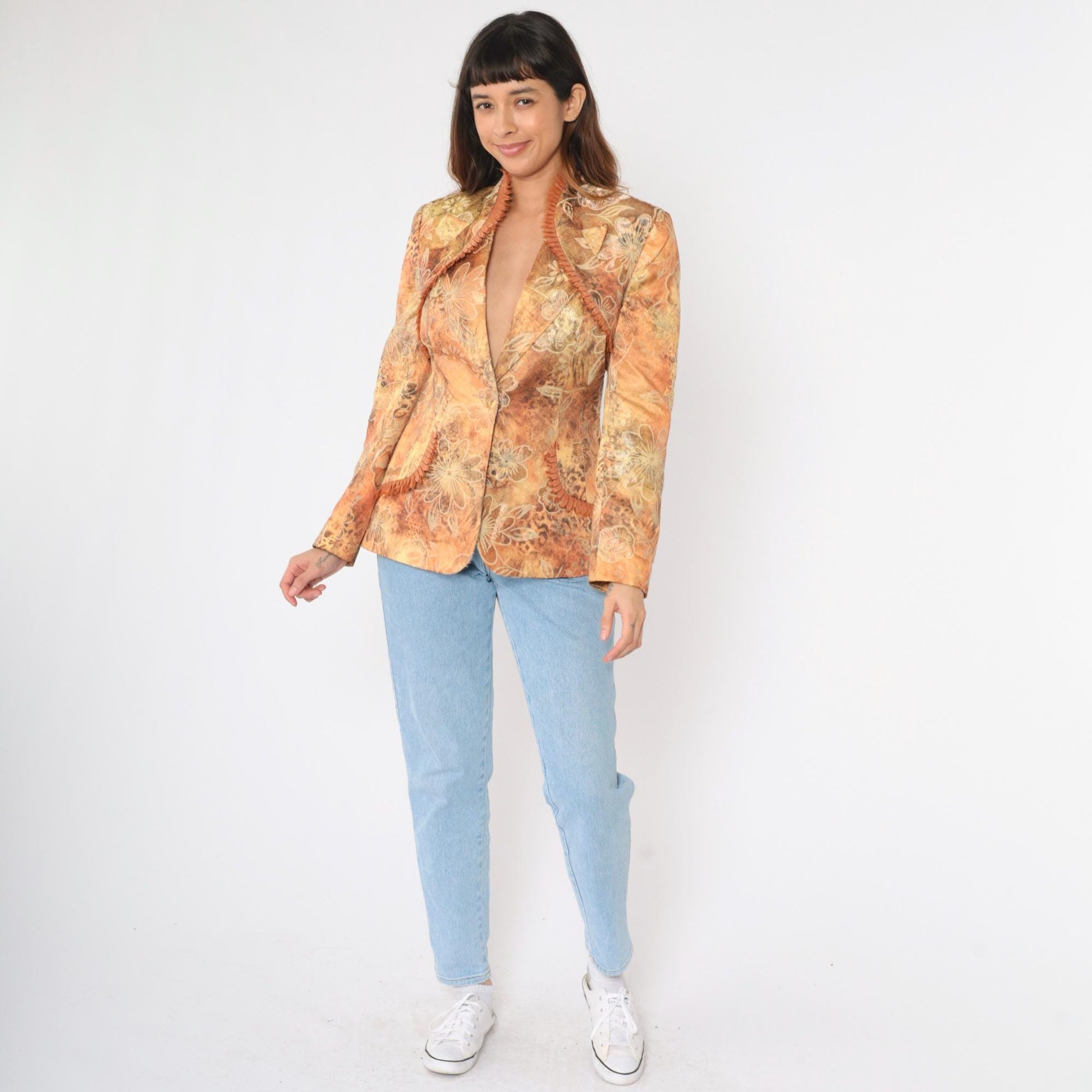 90s Floral Jacquard Blazer Leopard Print Fringe Trim Deep V Burnt Orange Small