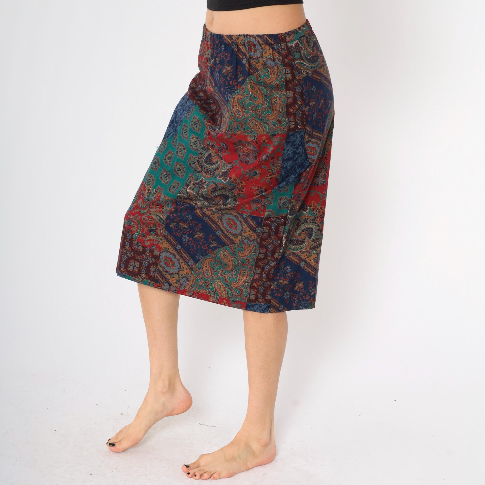 90s Patchwork Paisley Floral Midi Skirt Elastic Waist Medium