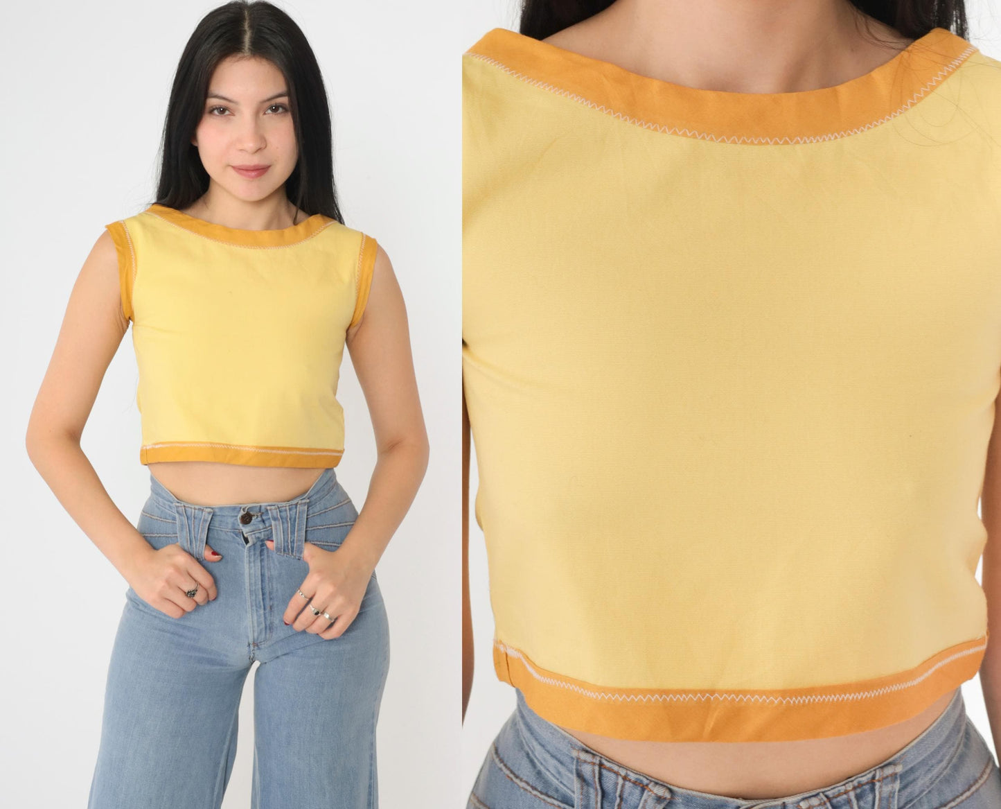 60s Yellow Ringer Crop Tank Top Sleeveless Blouse XXS