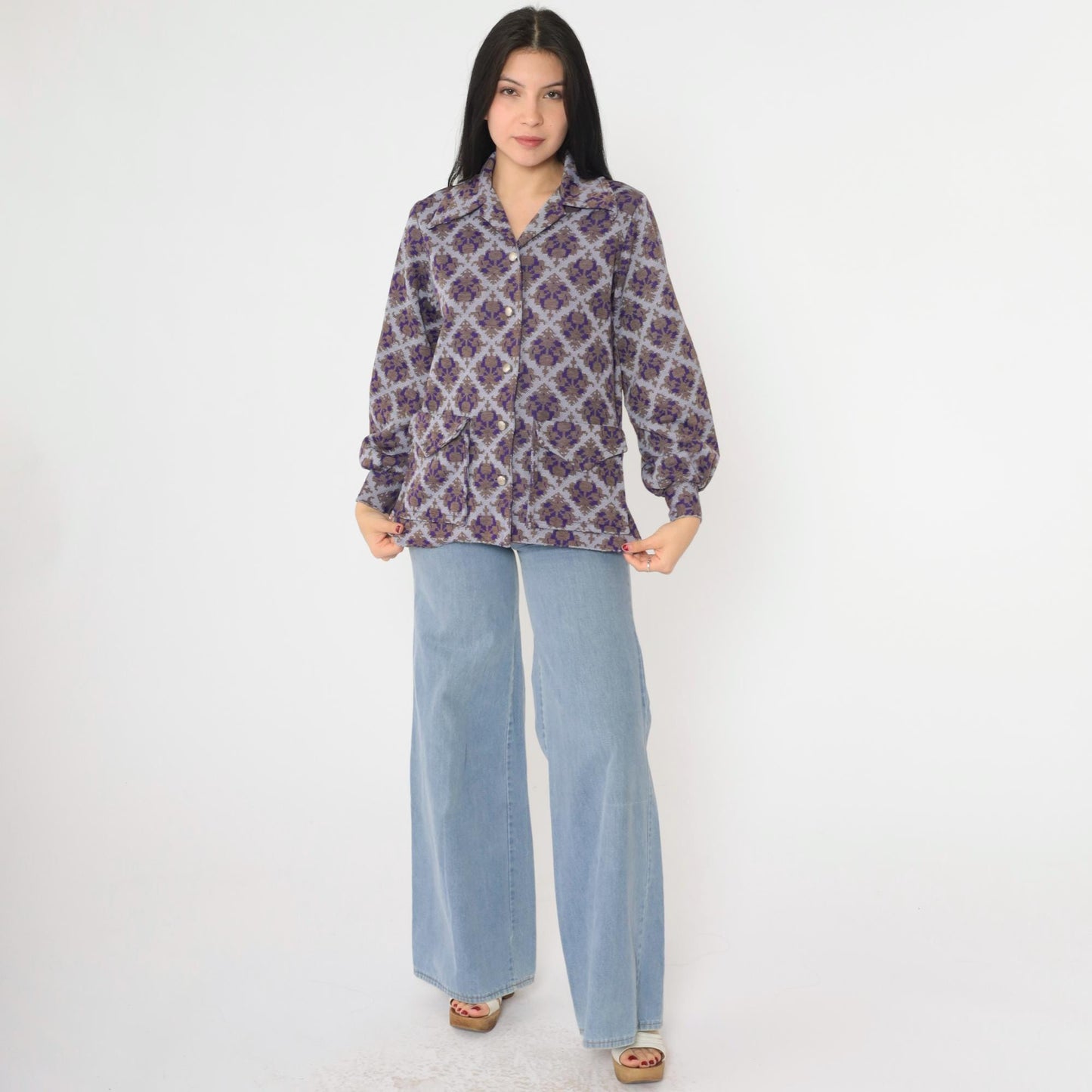 70s Geometric Damask Print Blouse Purple Brown Button Up Long Sleeve Medium M