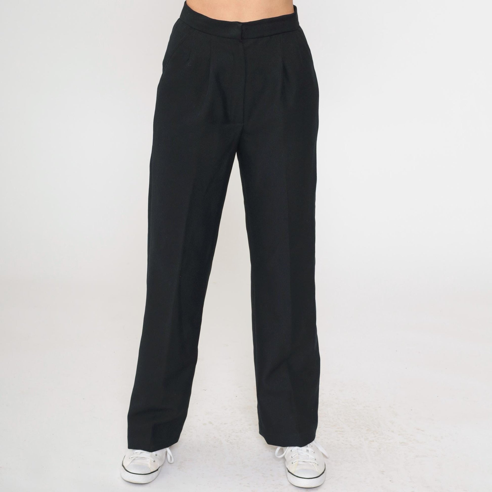 80s Black High-Waisted Pleated Straight Leg Trousers Small