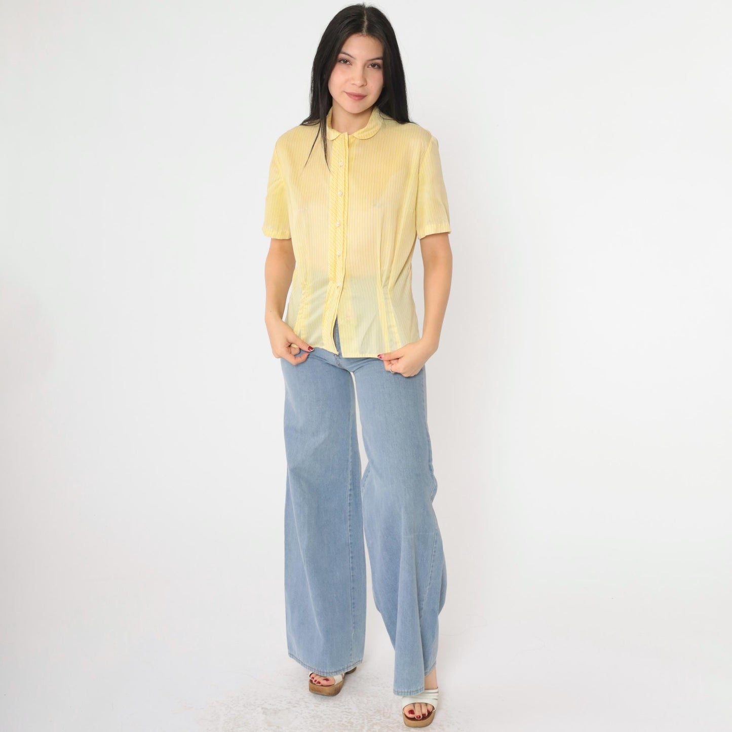 60s Dorothy Korly Sheer Striped Button-Up Blouse Yellow Peter Pan Collar Medium