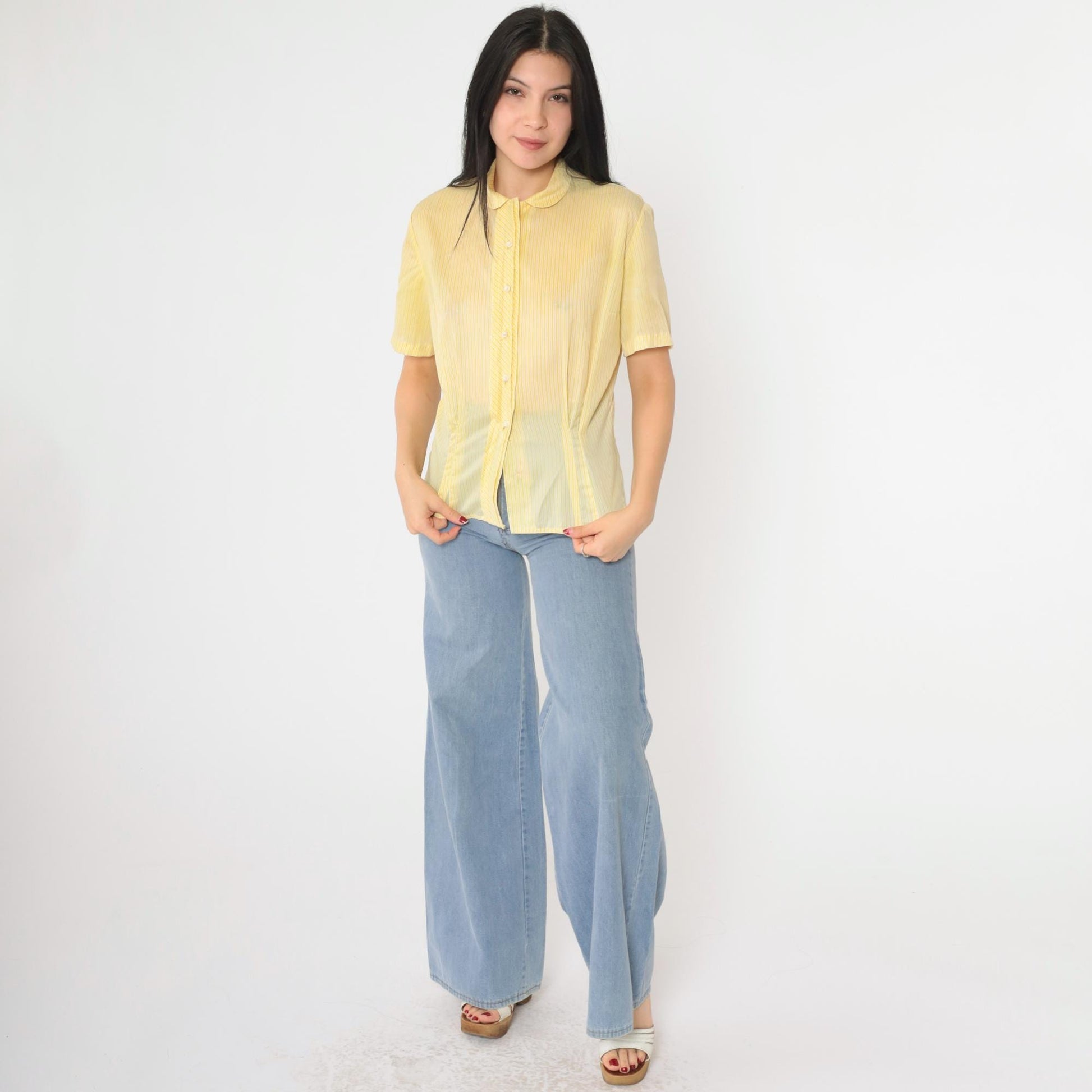 60s Dorothy Korly Sheer Striped Button-Up Blouse Yellow Peter Pan Collar Medium