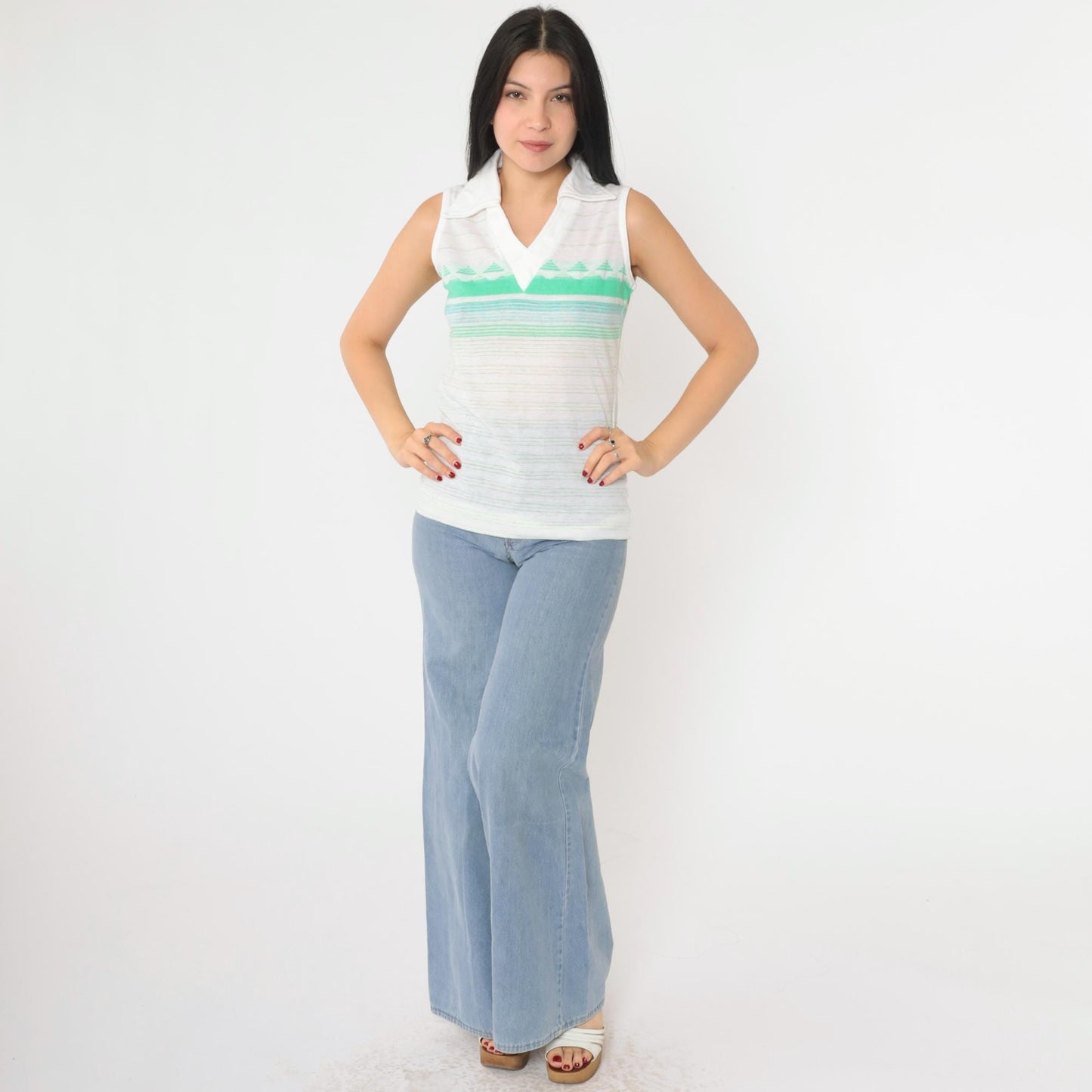 70s Jantzen Striped V-Neck Tank Top White Green Geometric Small