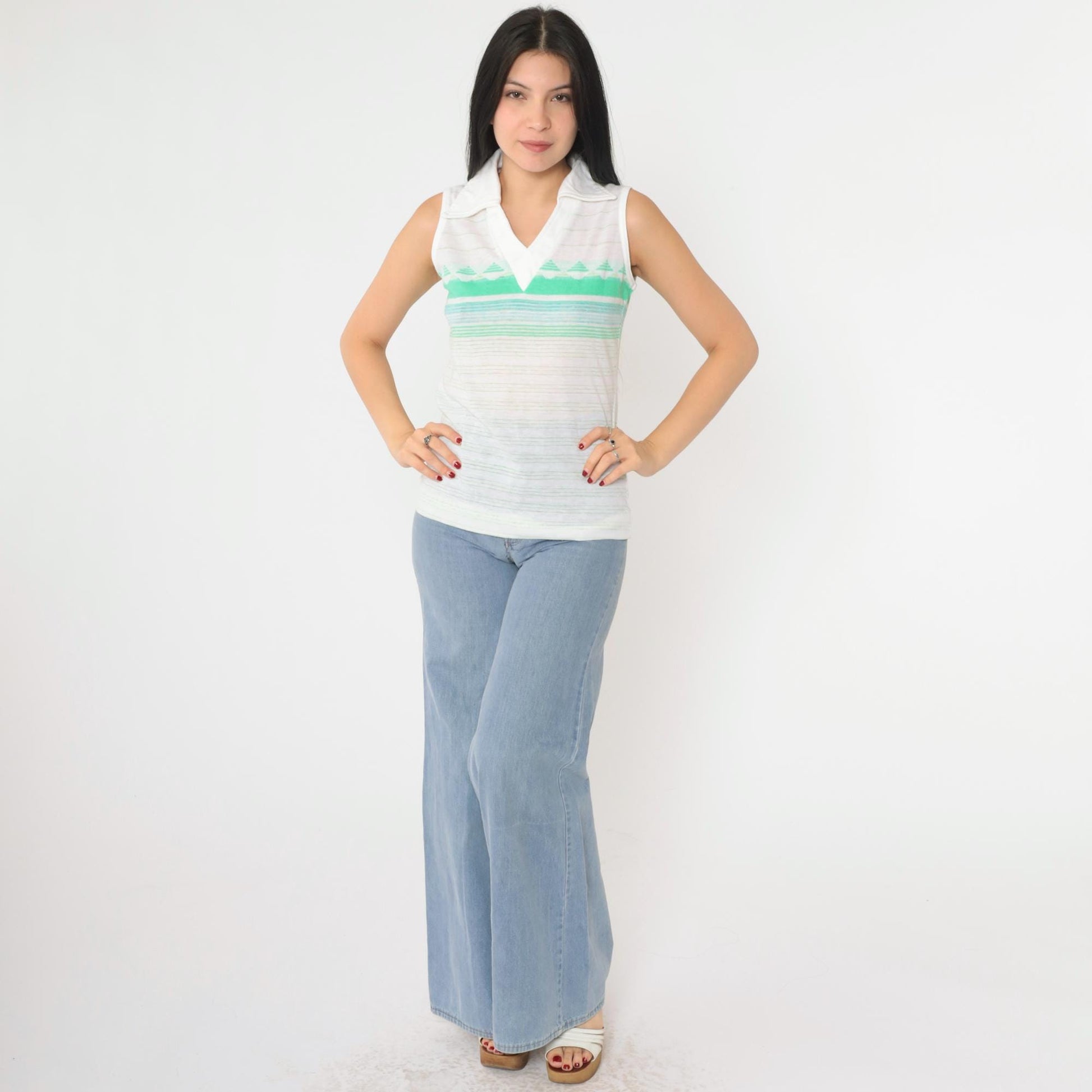 70s Jantzen Striped V-Neck Tank Top White Green Geometric Small