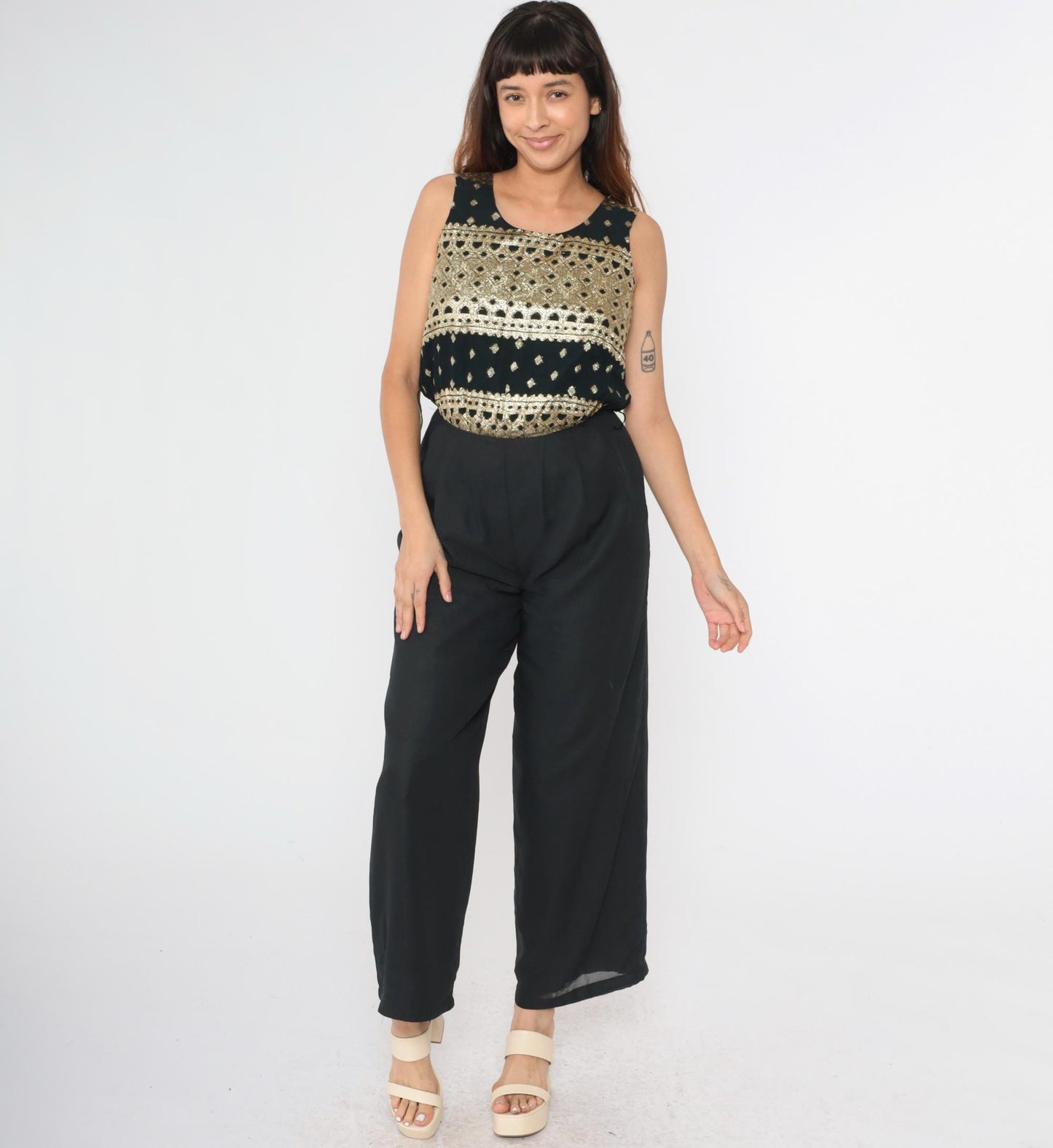 90s Althuser Black Chiffon Jumpsuit Gold Metallic Embroidery Wide Leg Small