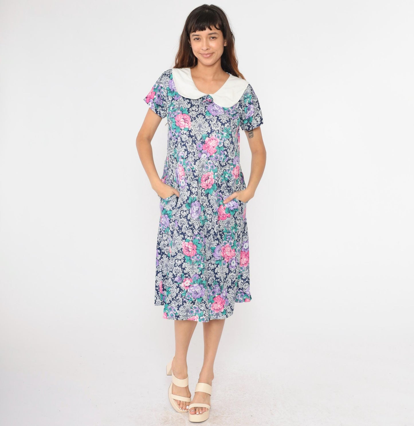 80s Floral Midi Dress Peter Pan Collar High Waisted Pockets Blue Pink Purple Large
