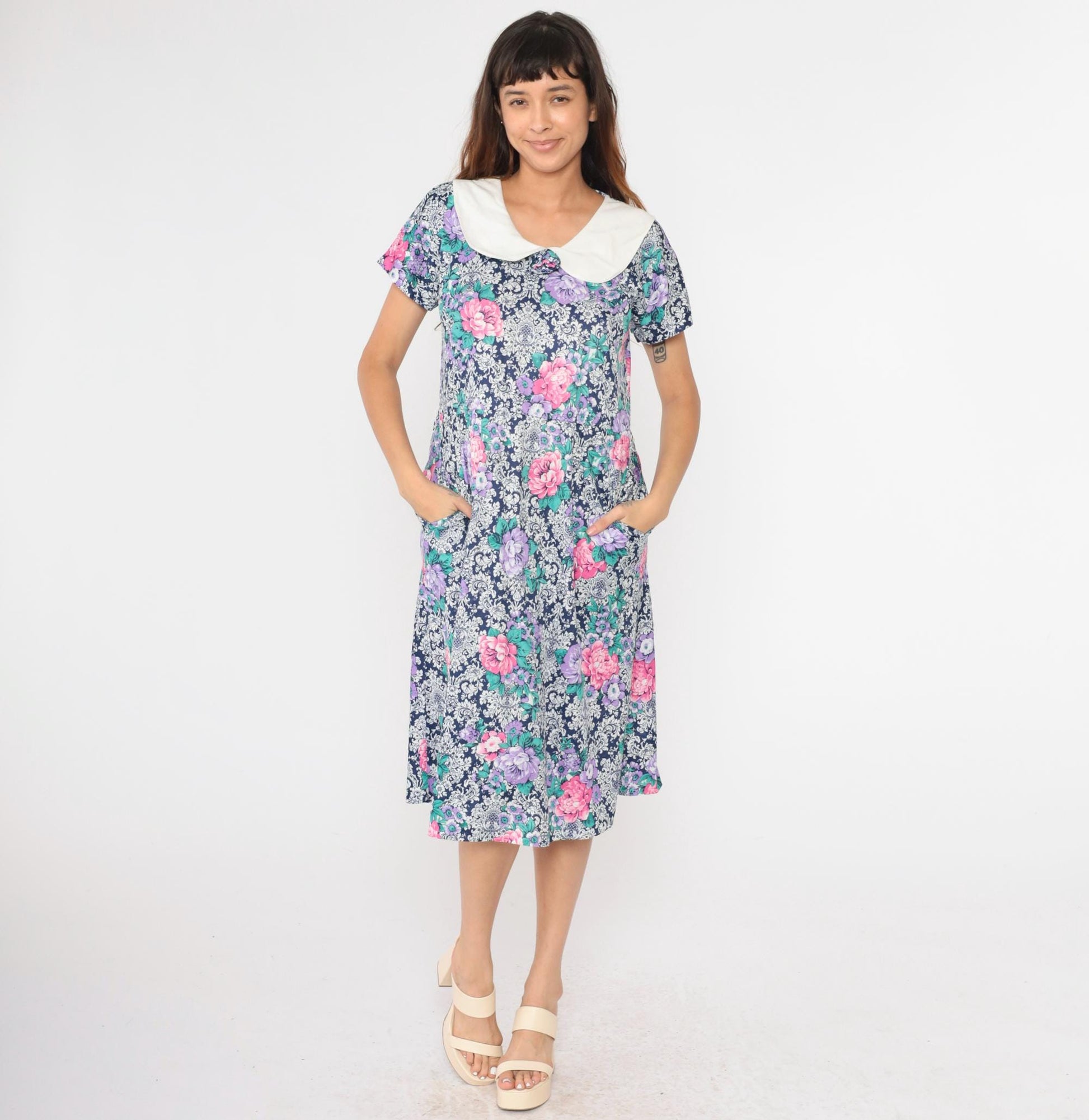 80s Floral Midi Dress Peter Pan Collar High Waisted Pockets Blue Pink Purple Large