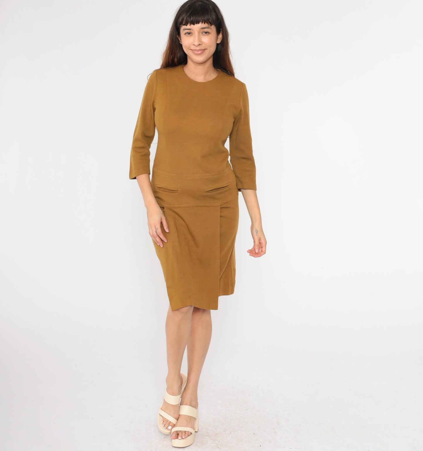 1960s Mod Scooter Dress Mustard Brown Wool Blend Drop Waist Pleated Small