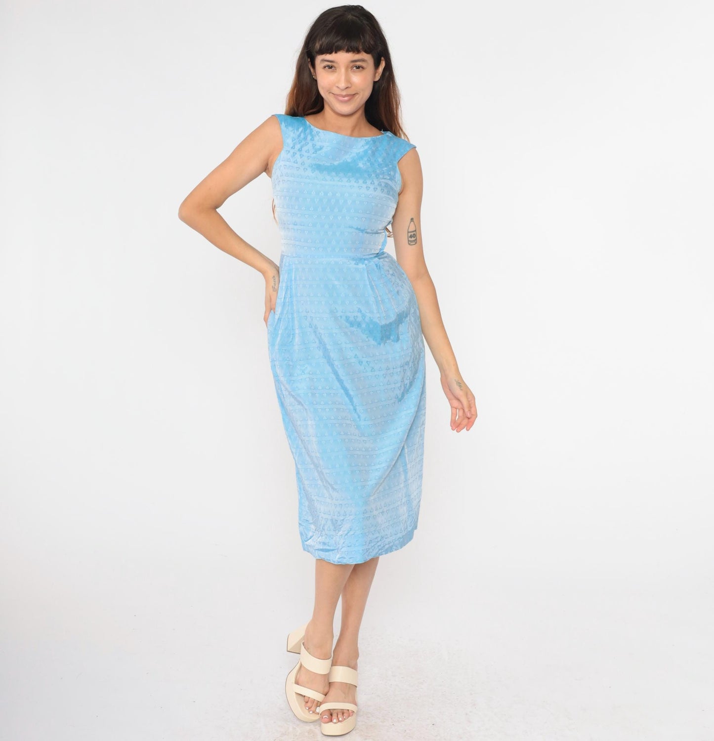 1960s Light Blue Heart Textured Cocktail Dress A-Line Sleeveless Extra Small