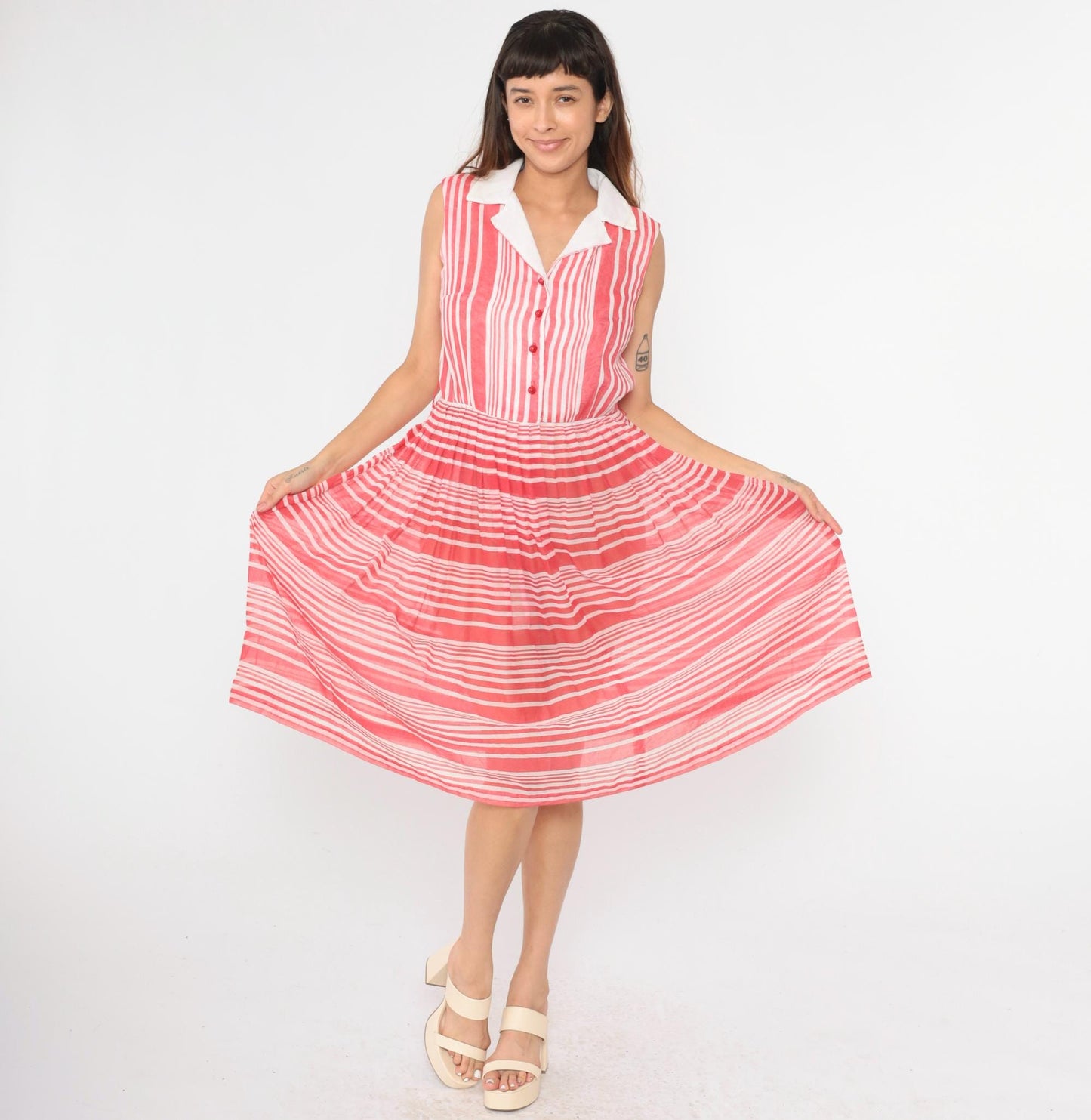 70s Red White Striped Midi Shirtdress Button Up High Waisted Pleated Medium