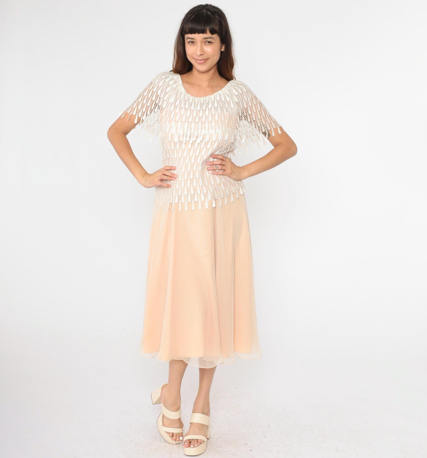 70s Peach Midi Dress Macramé Lace Capelet Chiffon Small