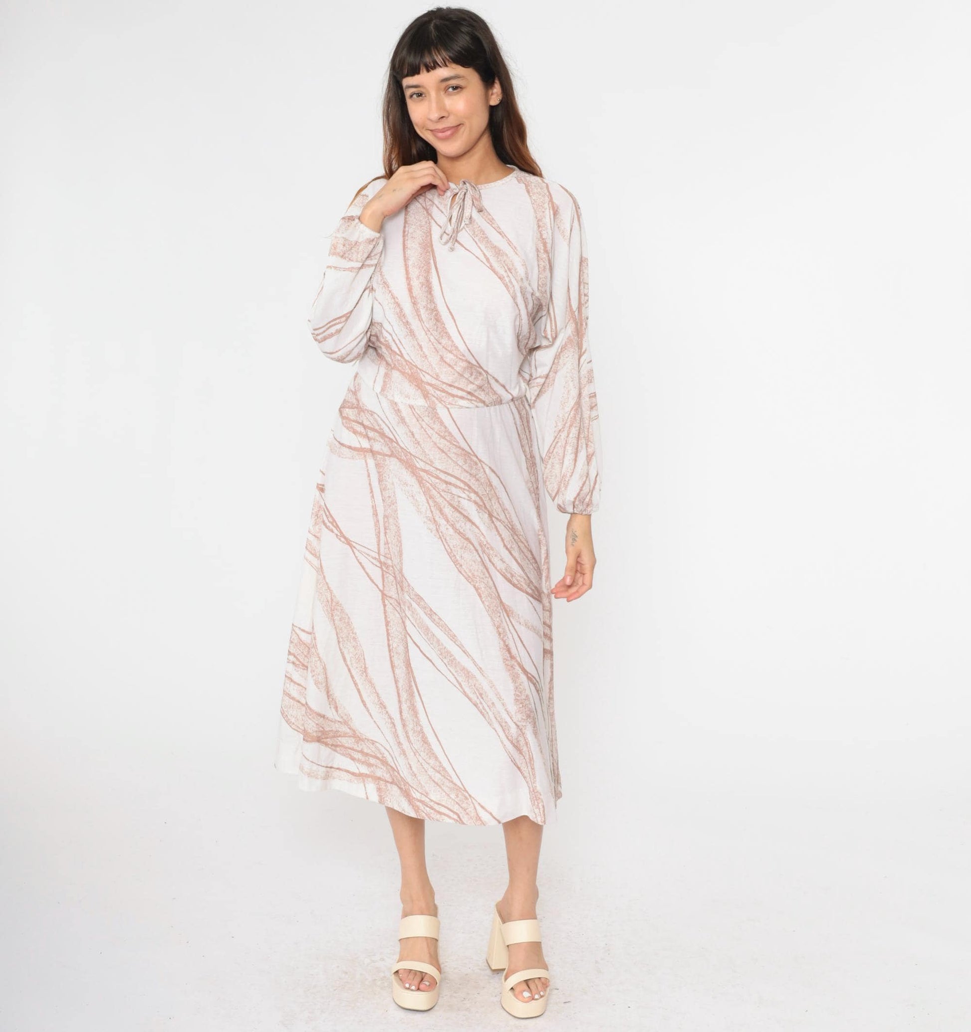 70s Bleeker Street Midi Dress Dolman Sleeve Keyhole Bow Neck White Brown Stripe Small Medium