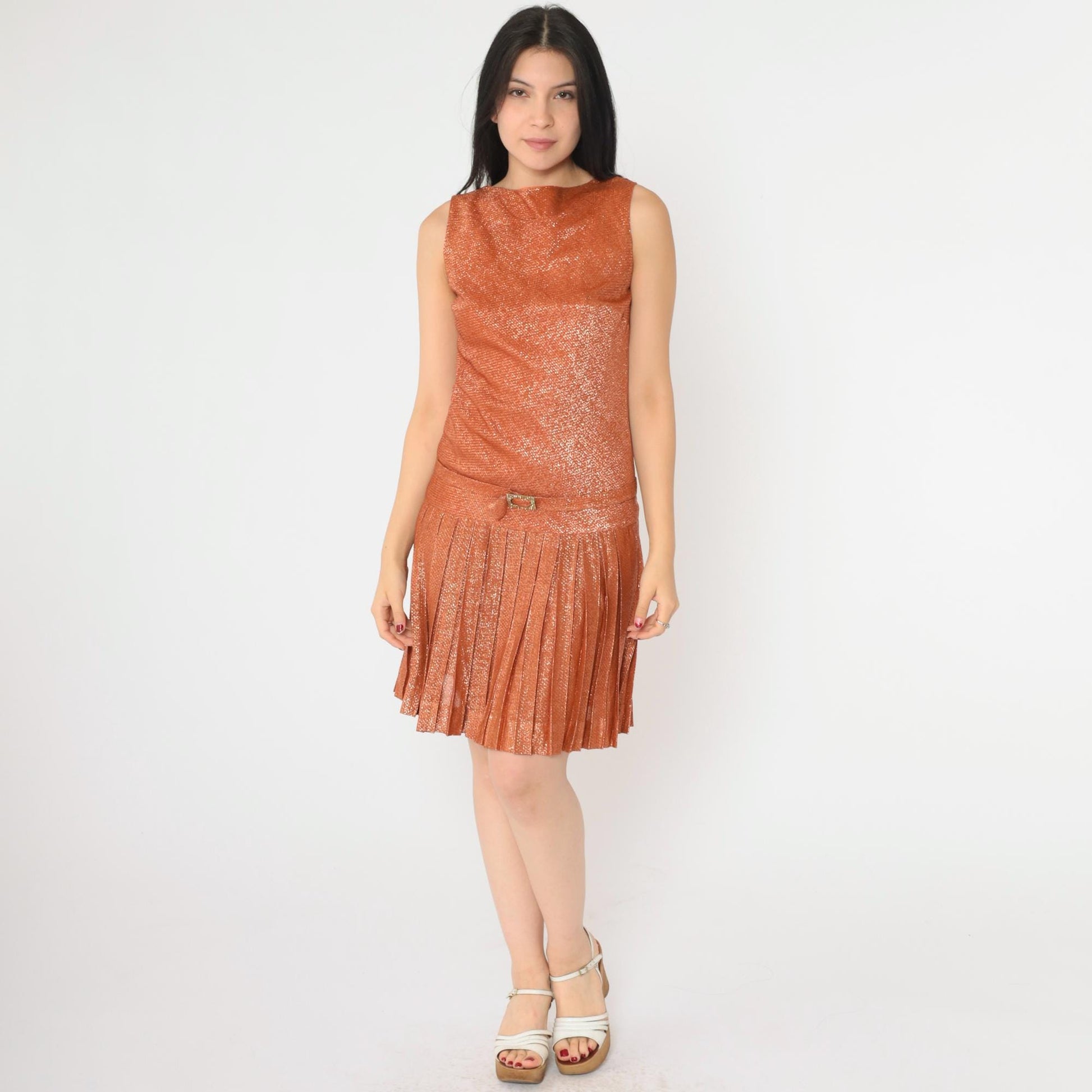 60s Metallic Orange Mini Party Dress Rhinestone Drop Waist Sleeveless XS