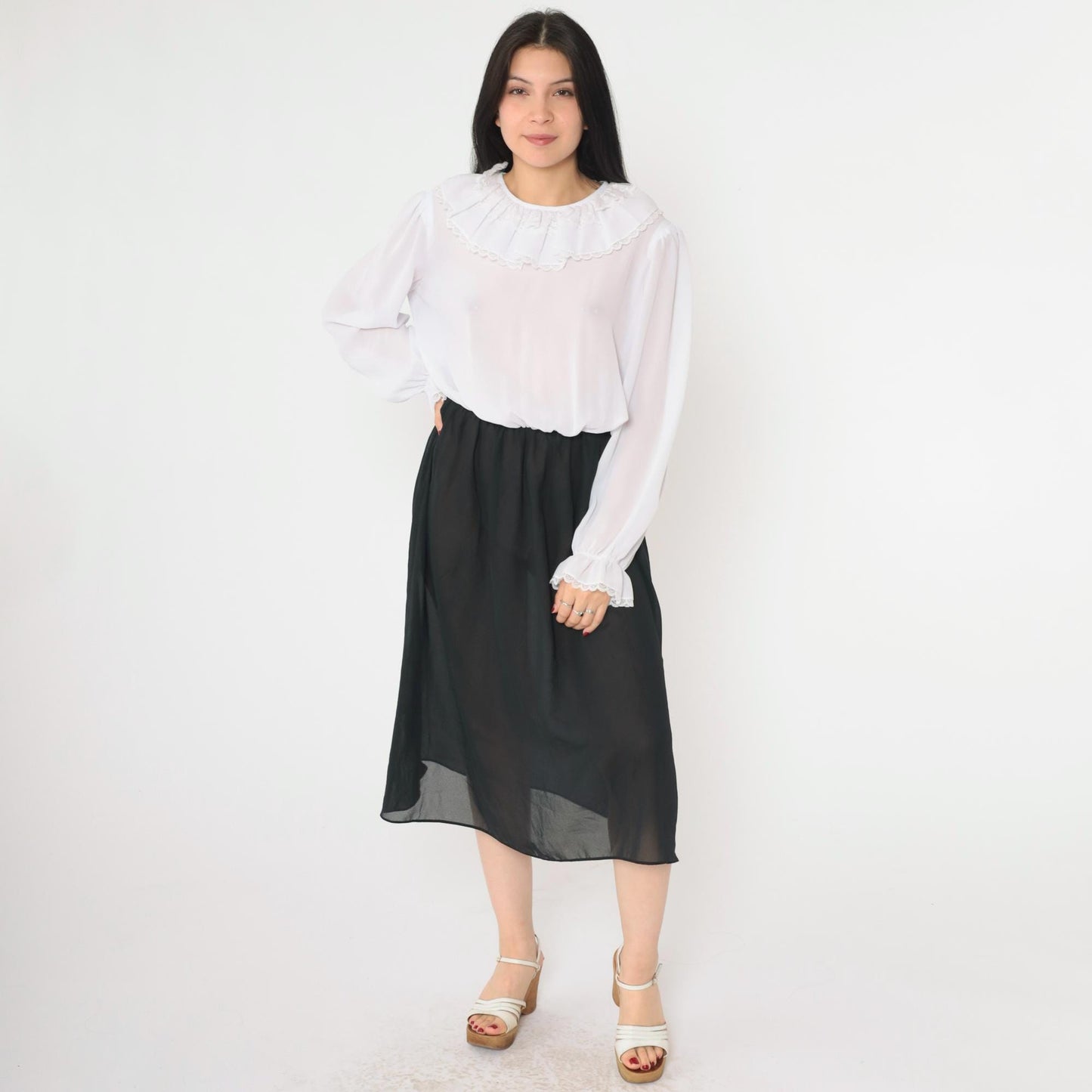 80s Susan Hlavacek Ruffled Collar Midi Dress Black White Semi-Sheer Small Medium