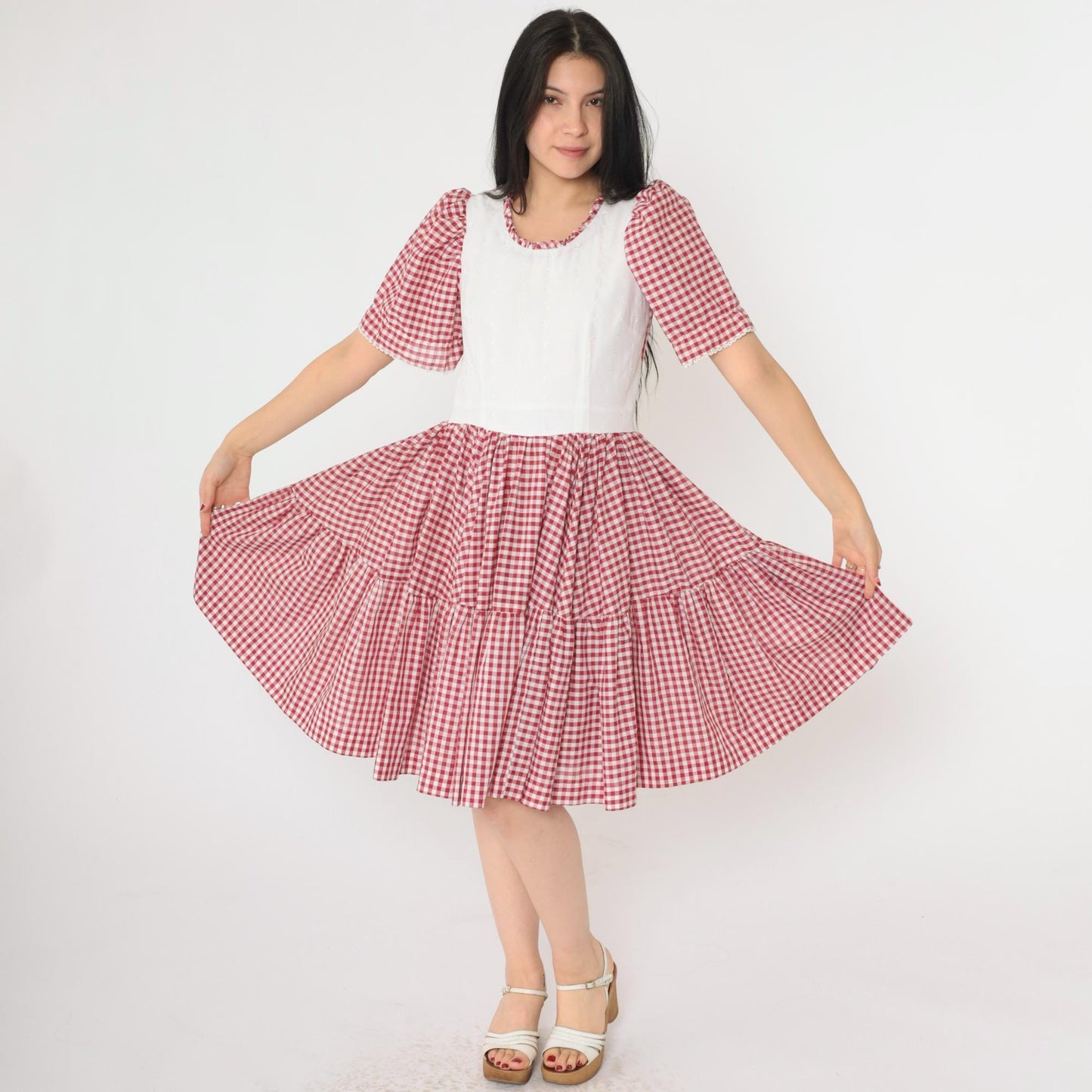 70s Red Gingham Prairie Dress Puff Sleeve Eyelet Lace High Waist Small Medium