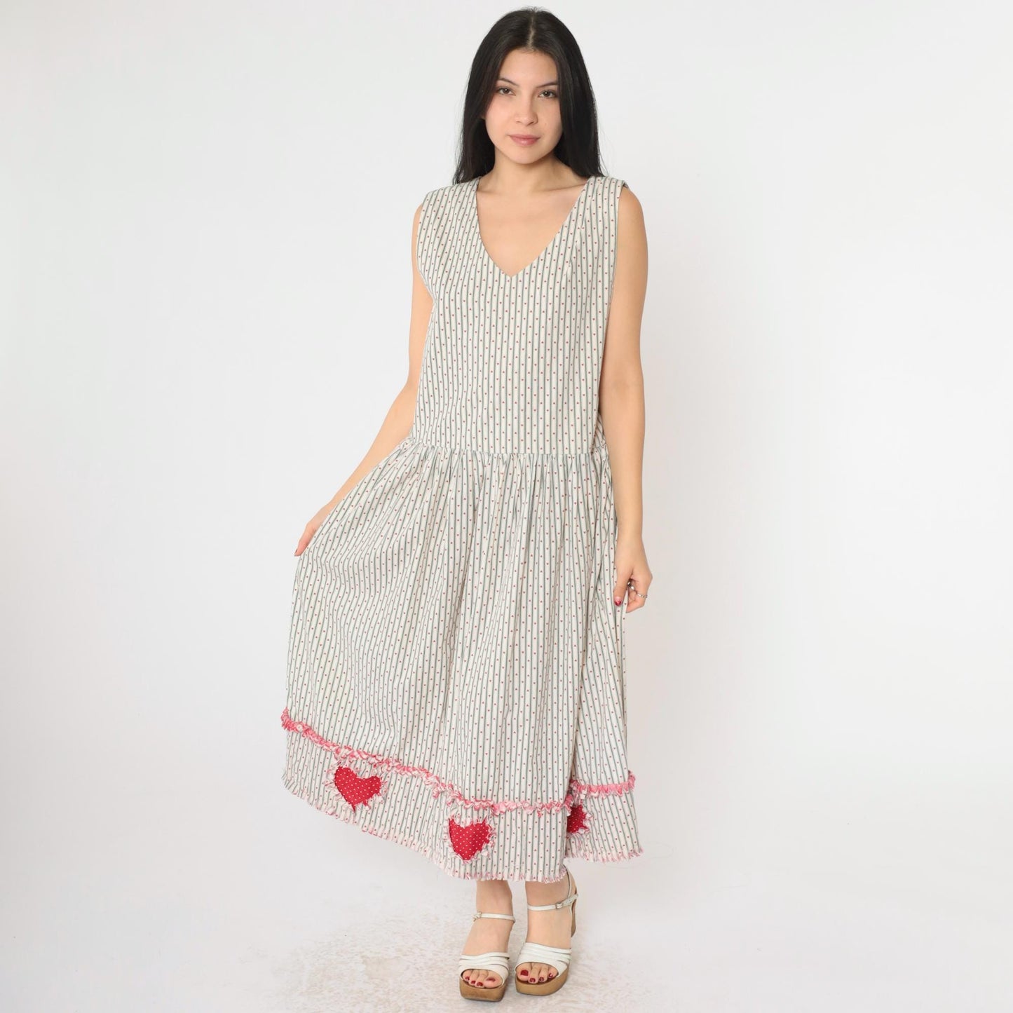 80s Heart Striped Midi Jumper Dress Low Armhole V Neck Small Medium