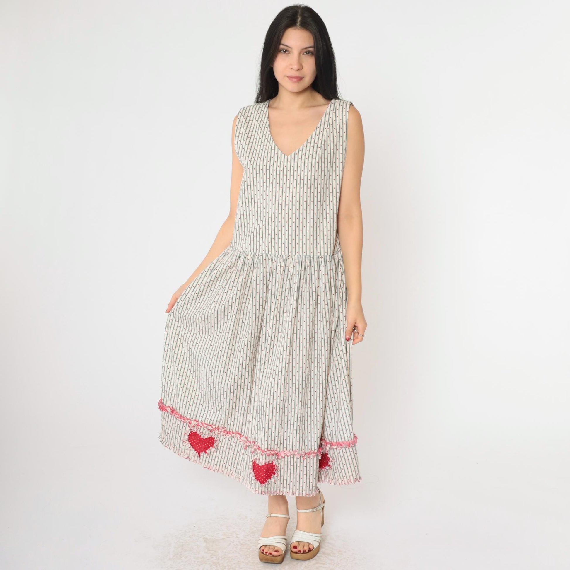 80s Heart Striped Midi Jumper Dress Low Armhole V Neck Small Medium