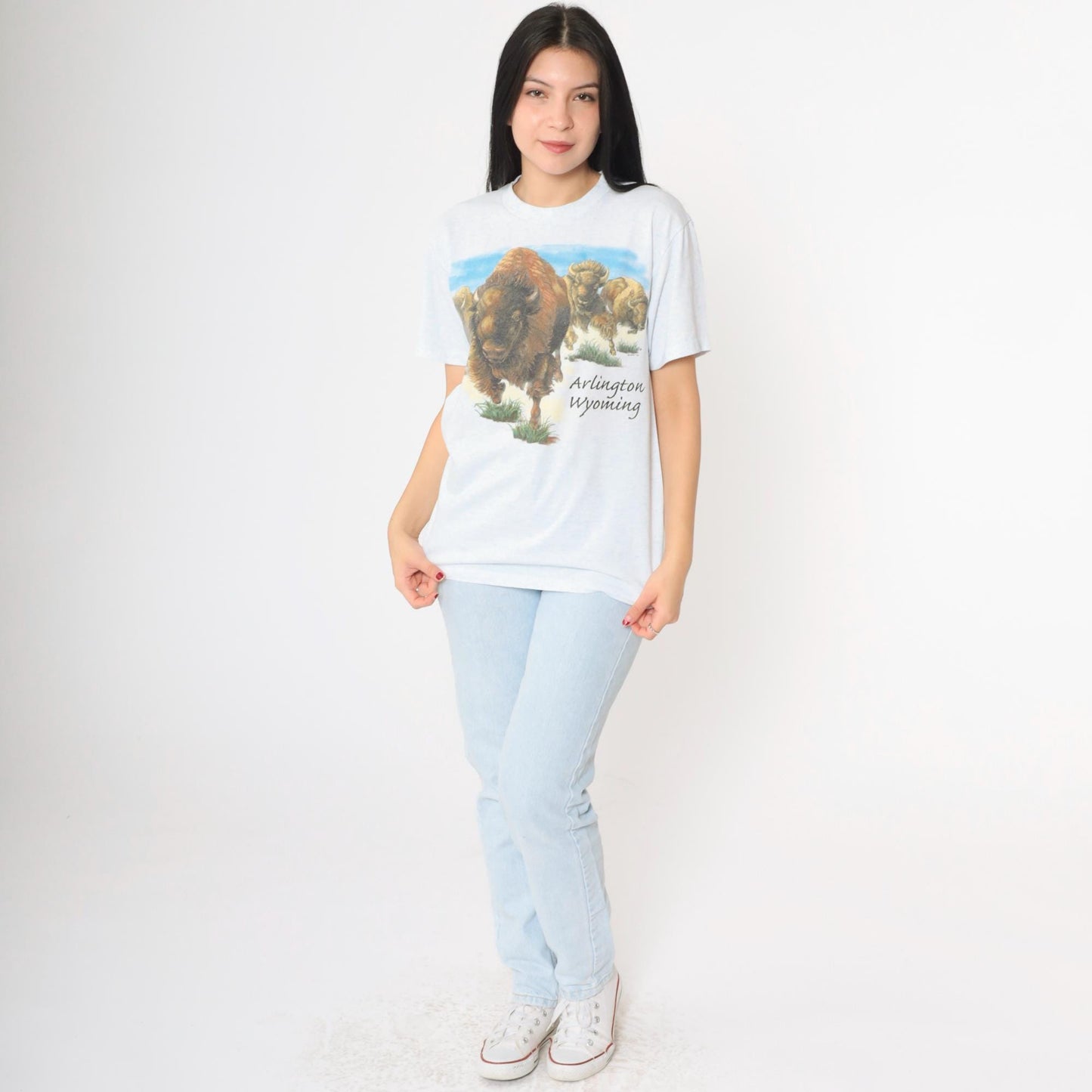 90s Buffalo Arlington Wyoming Graphic T-Shirt Flecked White Blue Small