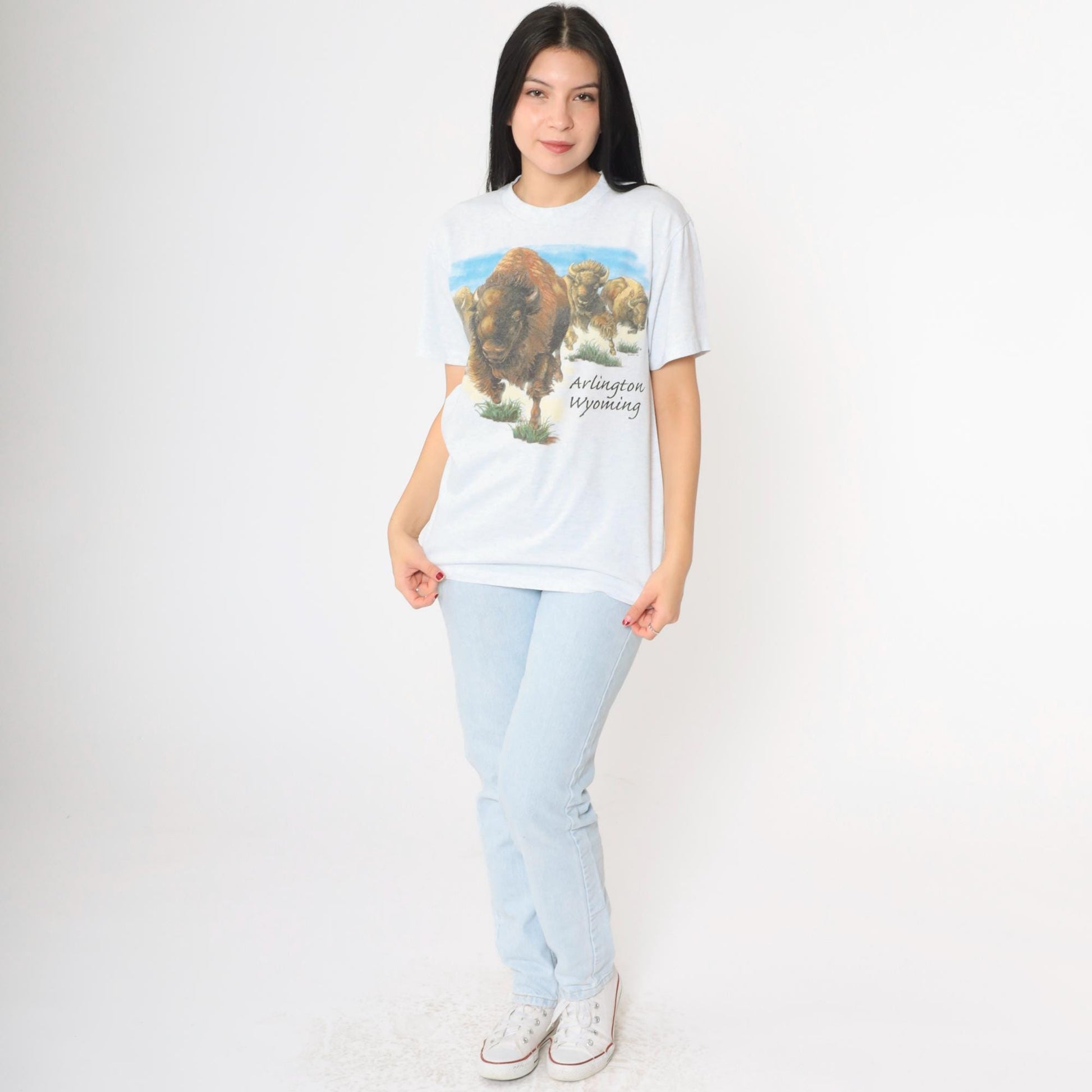 90s Buffalo Arlington Wyoming Graphic T-Shirt Flecked White Blue Small