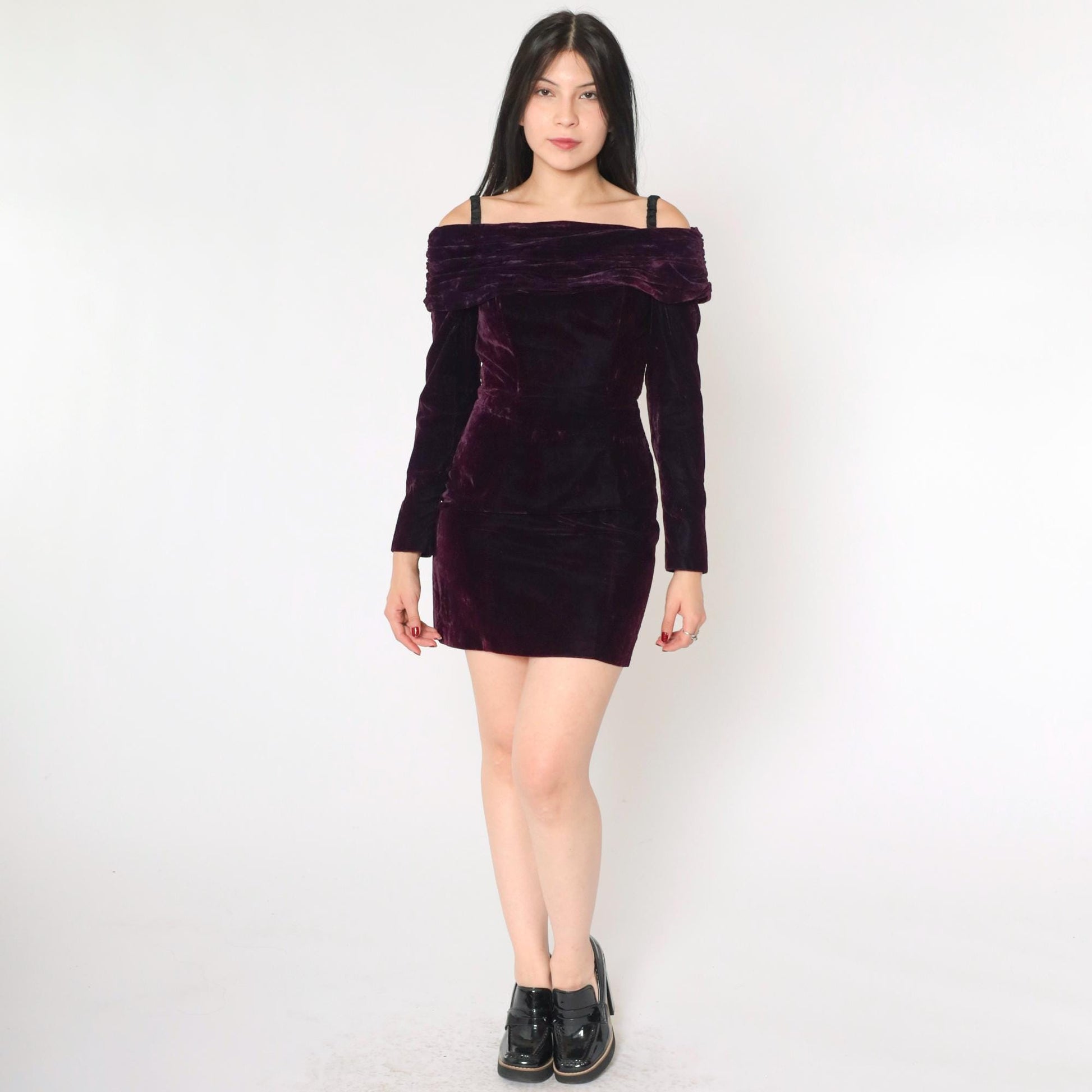90s Rampage Velvet Mini Dress Off-Shoulder Spaghetti Strap Deep Purple Extra Small