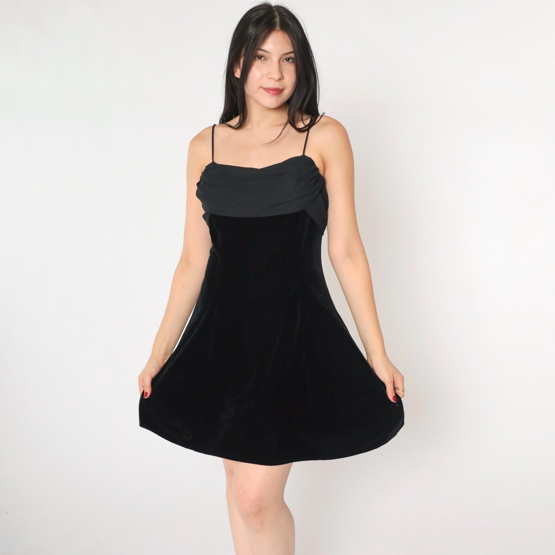 90s Black Velvet Chiffon Mini Dress Spaghetti Strap Train Medium 8
