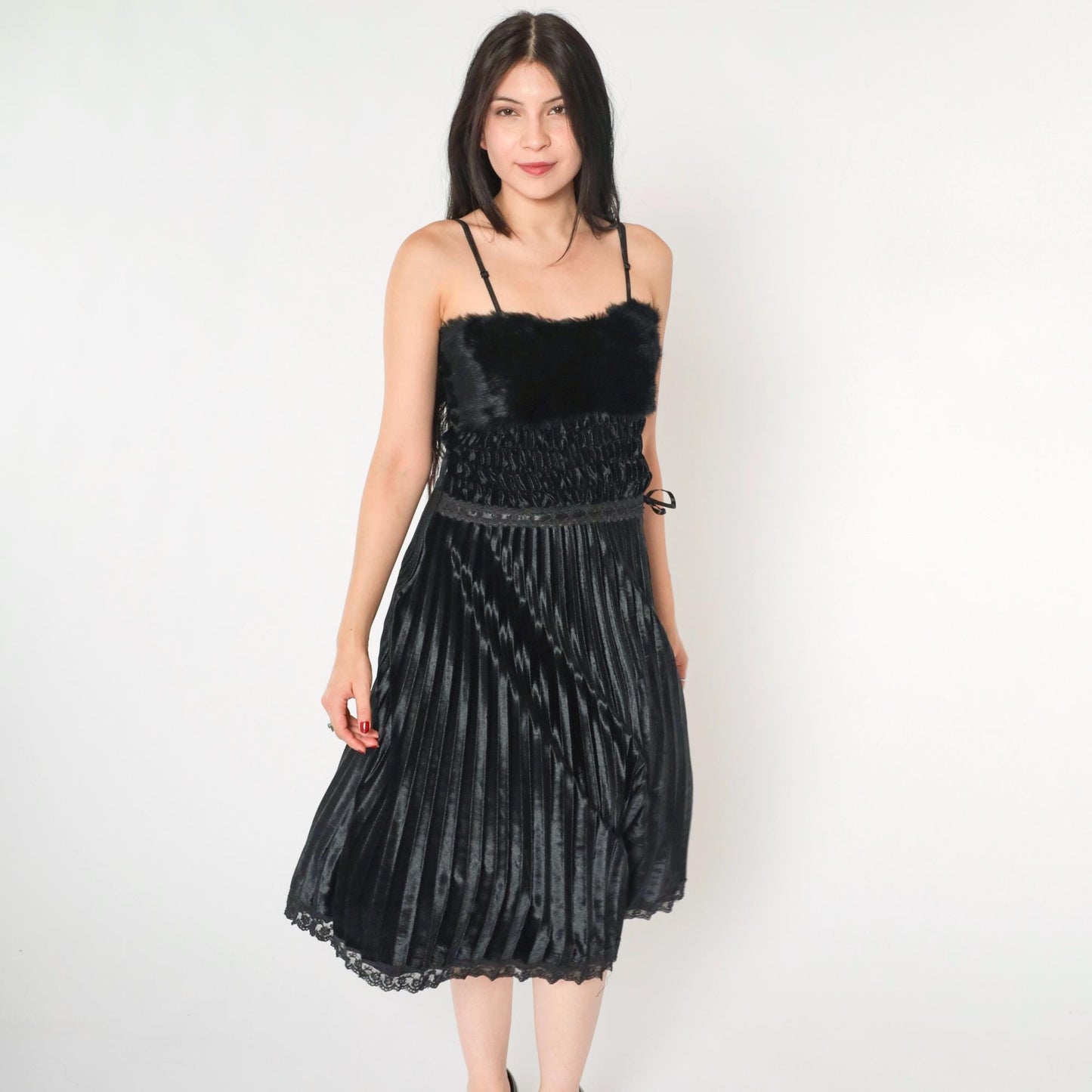 Y2K Black Velour Midi Dress Faux Fur Lace Spaghetti Strap Extra Small XS