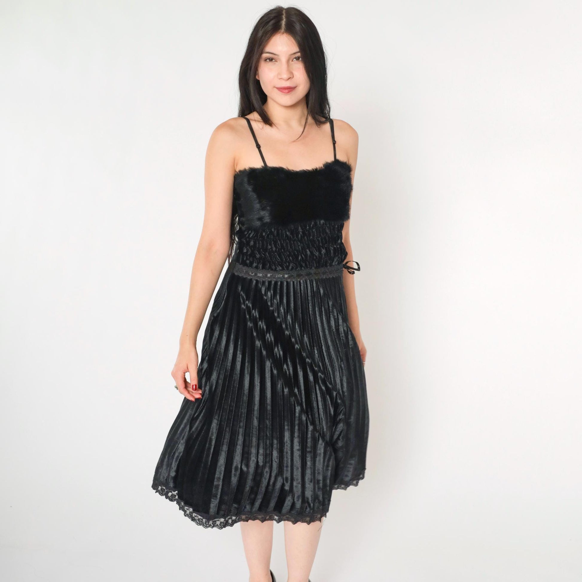 Y2K Black Velour Midi Dress Faux Fur Lace Spaghetti Strap Extra Small XS