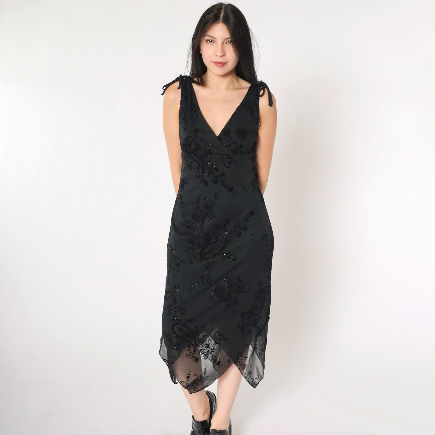 90s City Triangles Sparkly Floral Midi Dress Black Empire Waist V Neck Small