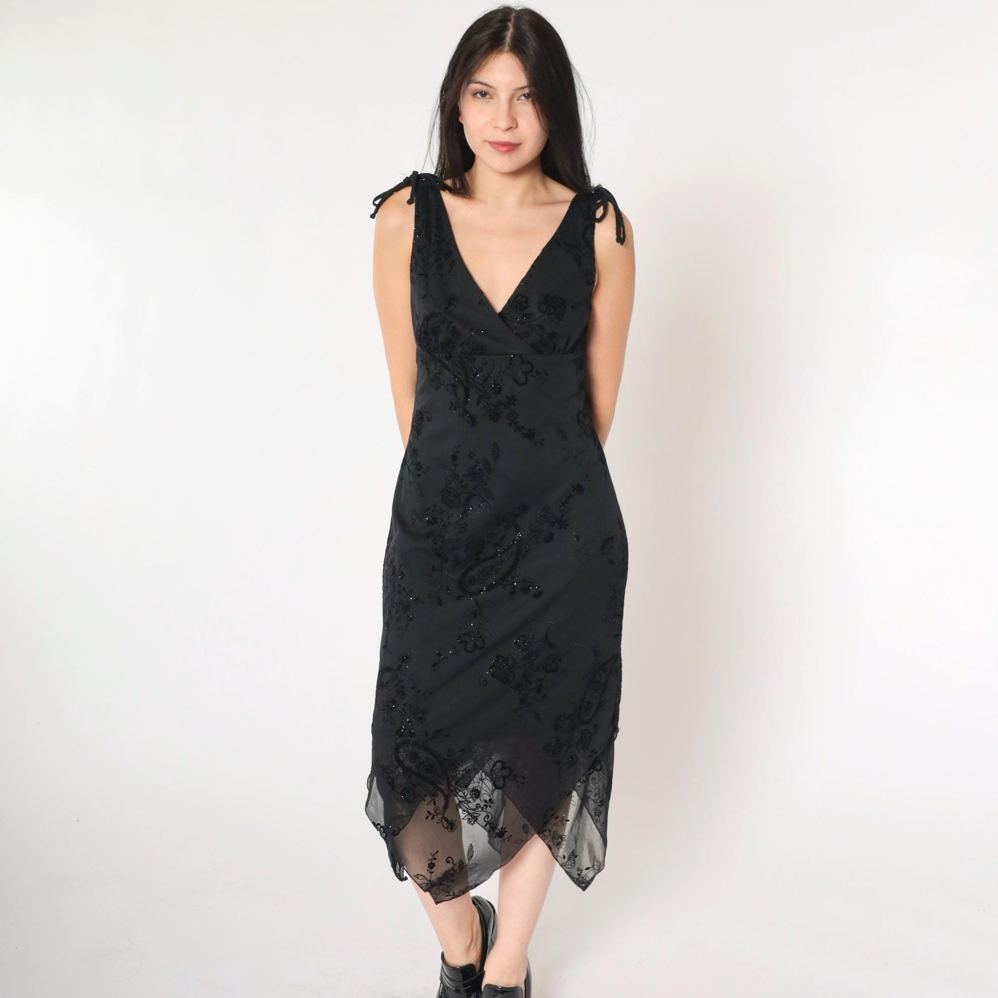 90s City Triangles Sparkly Floral Midi Dress Black Empire Waist V Neck Small