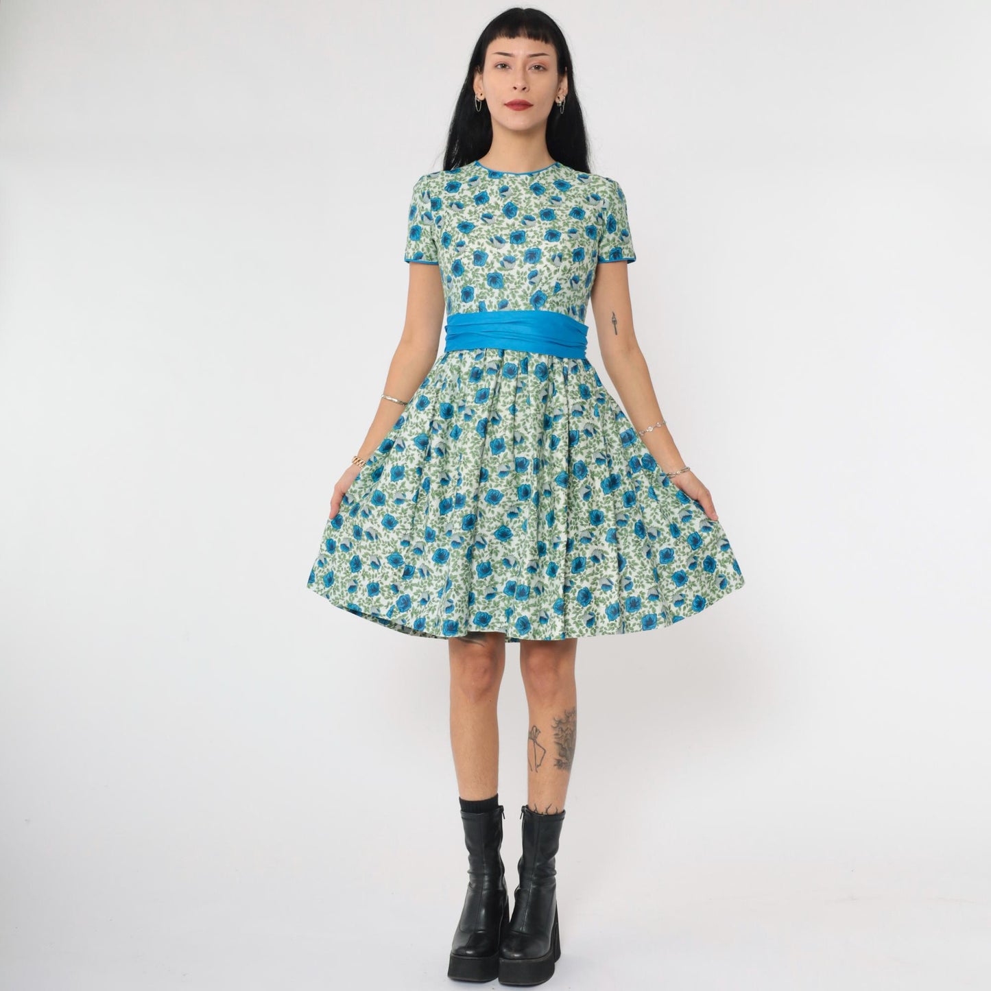 1960s Floral Dress Blue Green Mini High Waist Short Sleeve Small