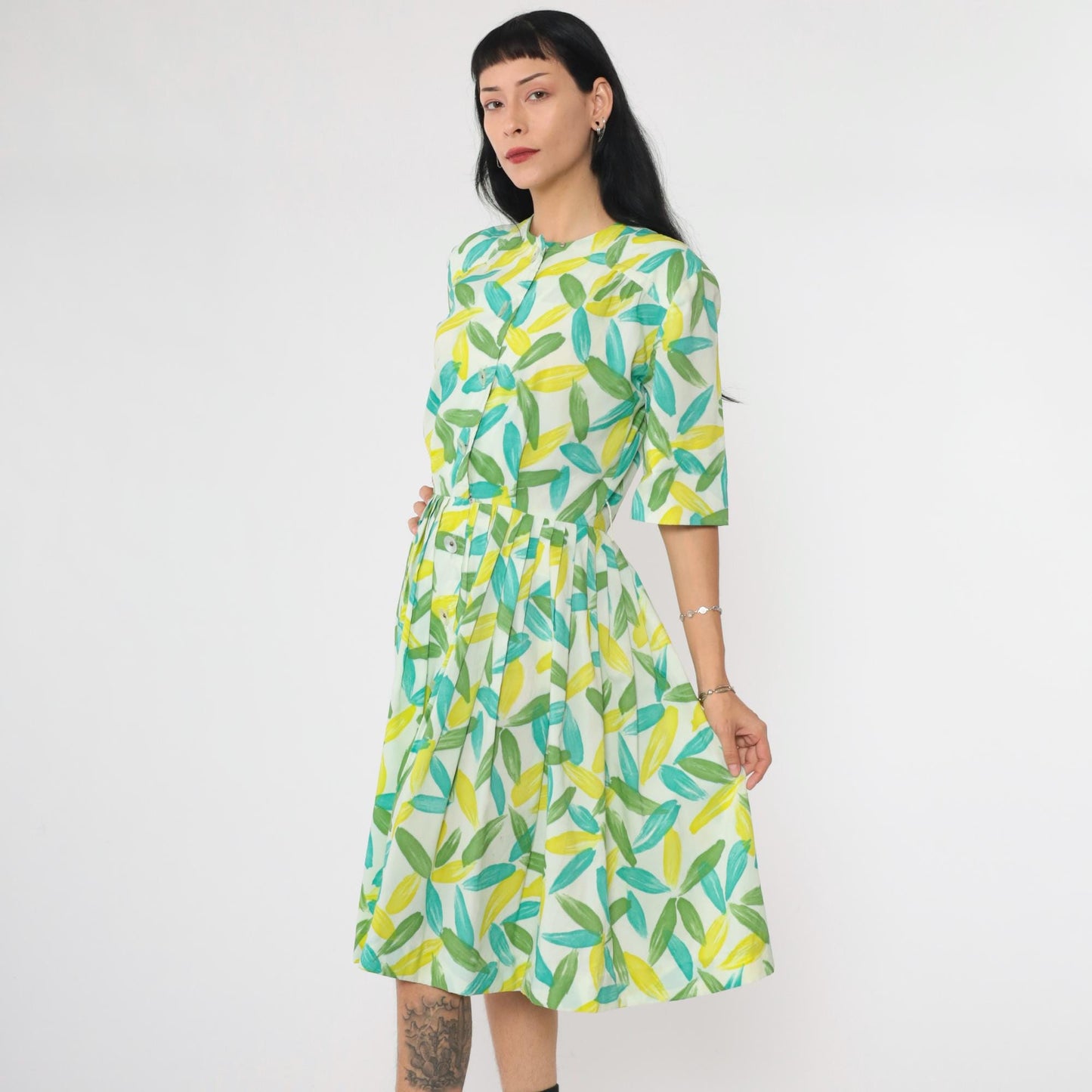 60s Westbury Fashions Shirt Dress Abstract Leaf Print Pleated Midi Blue Green Small