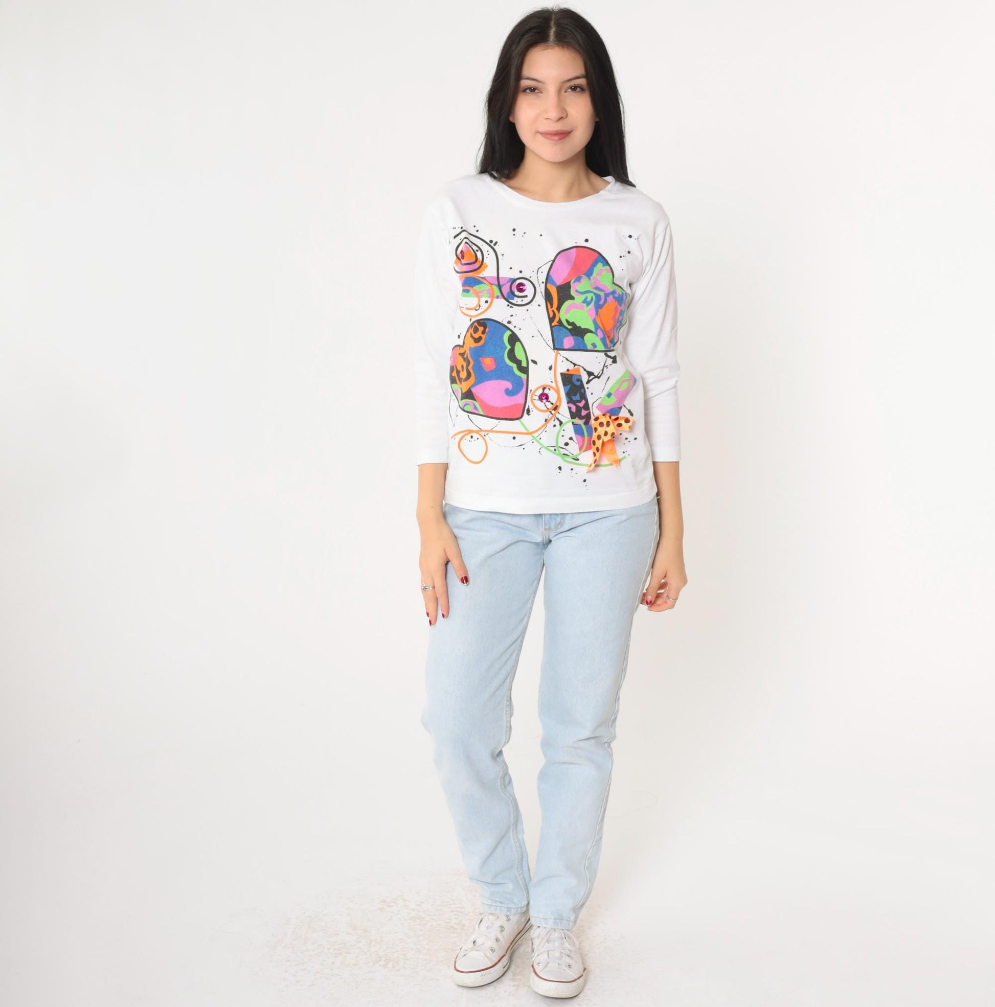 90s Heart Paint Splatter Long Sleeve Graphic Tee White Small
